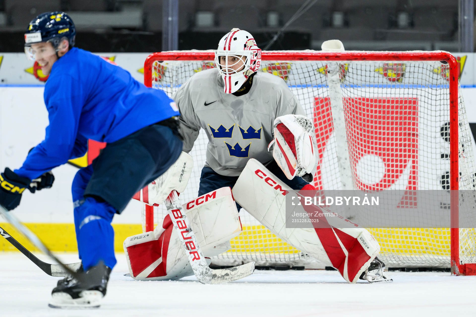 goaltender Kevin Reidler of Sweden at a practice session