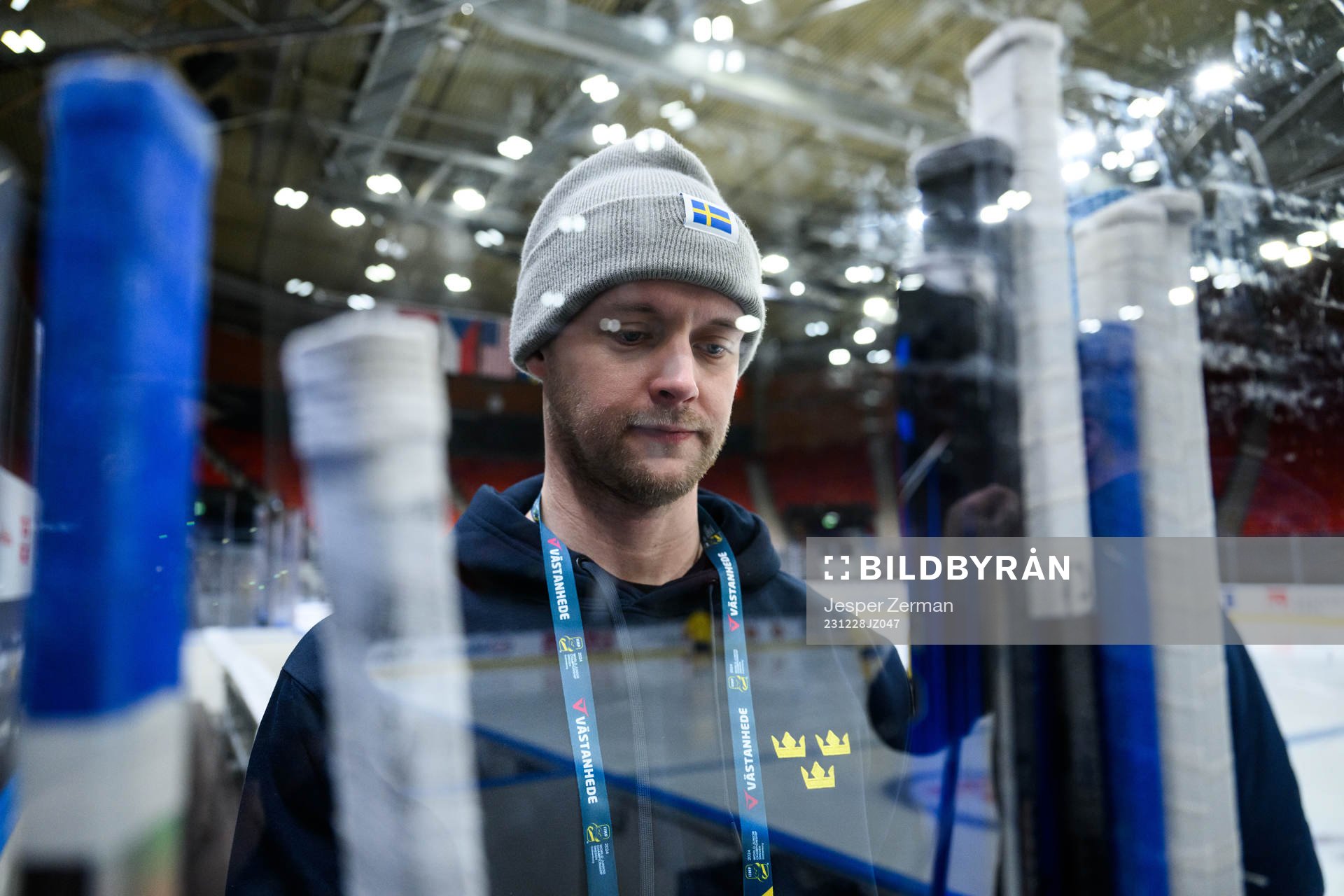Equipment manager Jonas Landström of Sweden at a practice