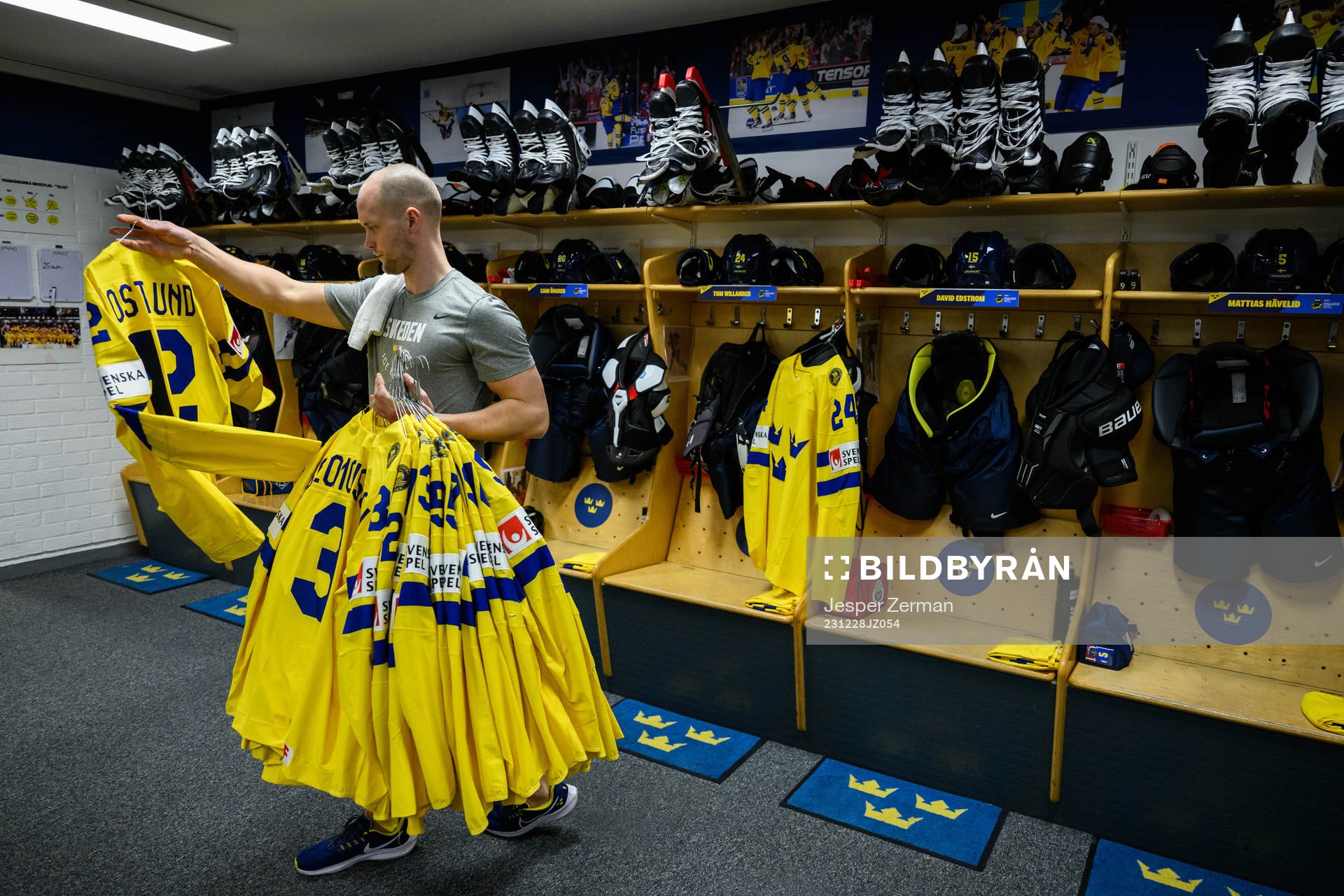 Equipment Manager Jonas Landström preparing Sweden’s