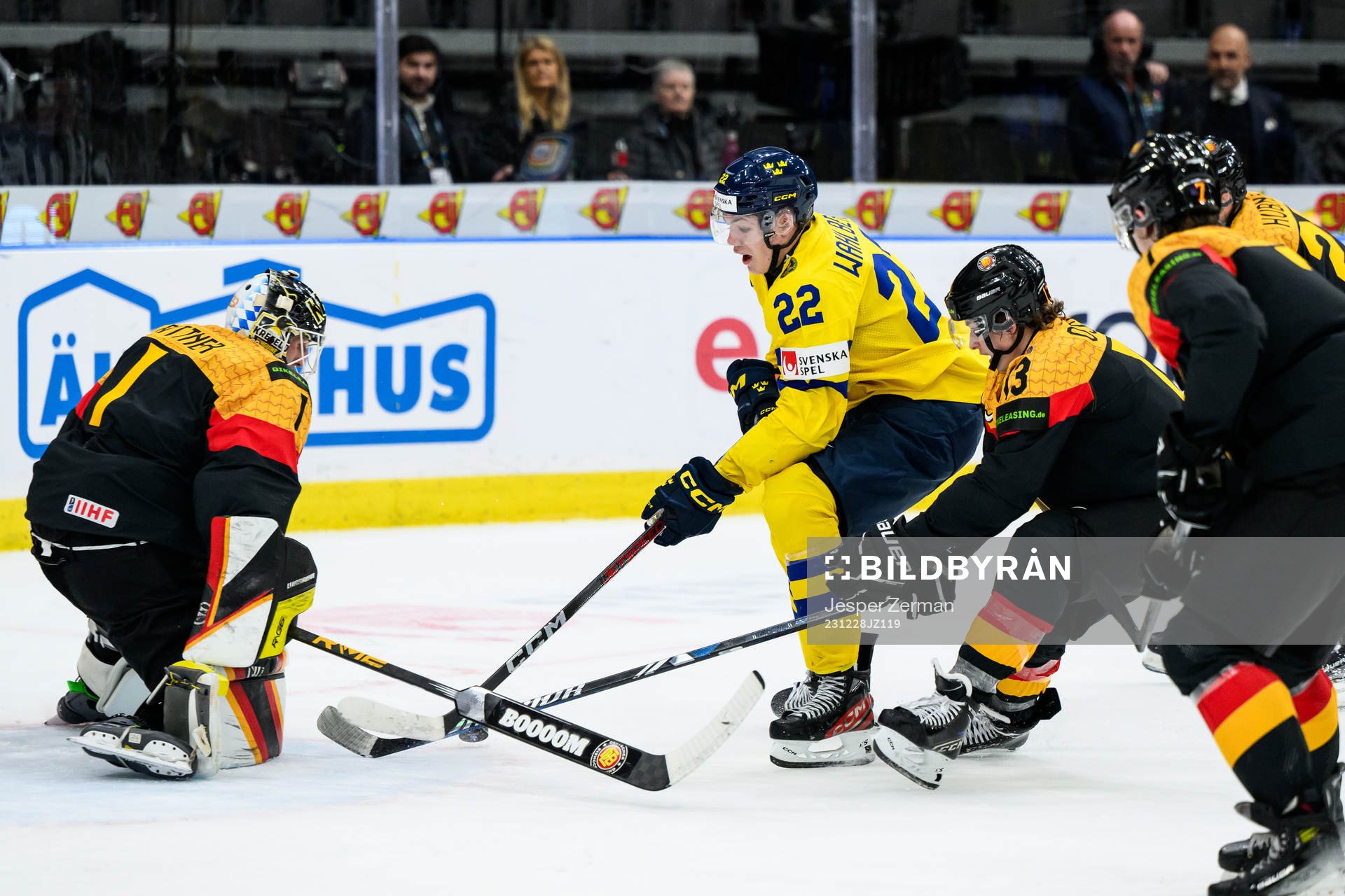 Anton Wahlberg of Sweden against goaltender Matthias