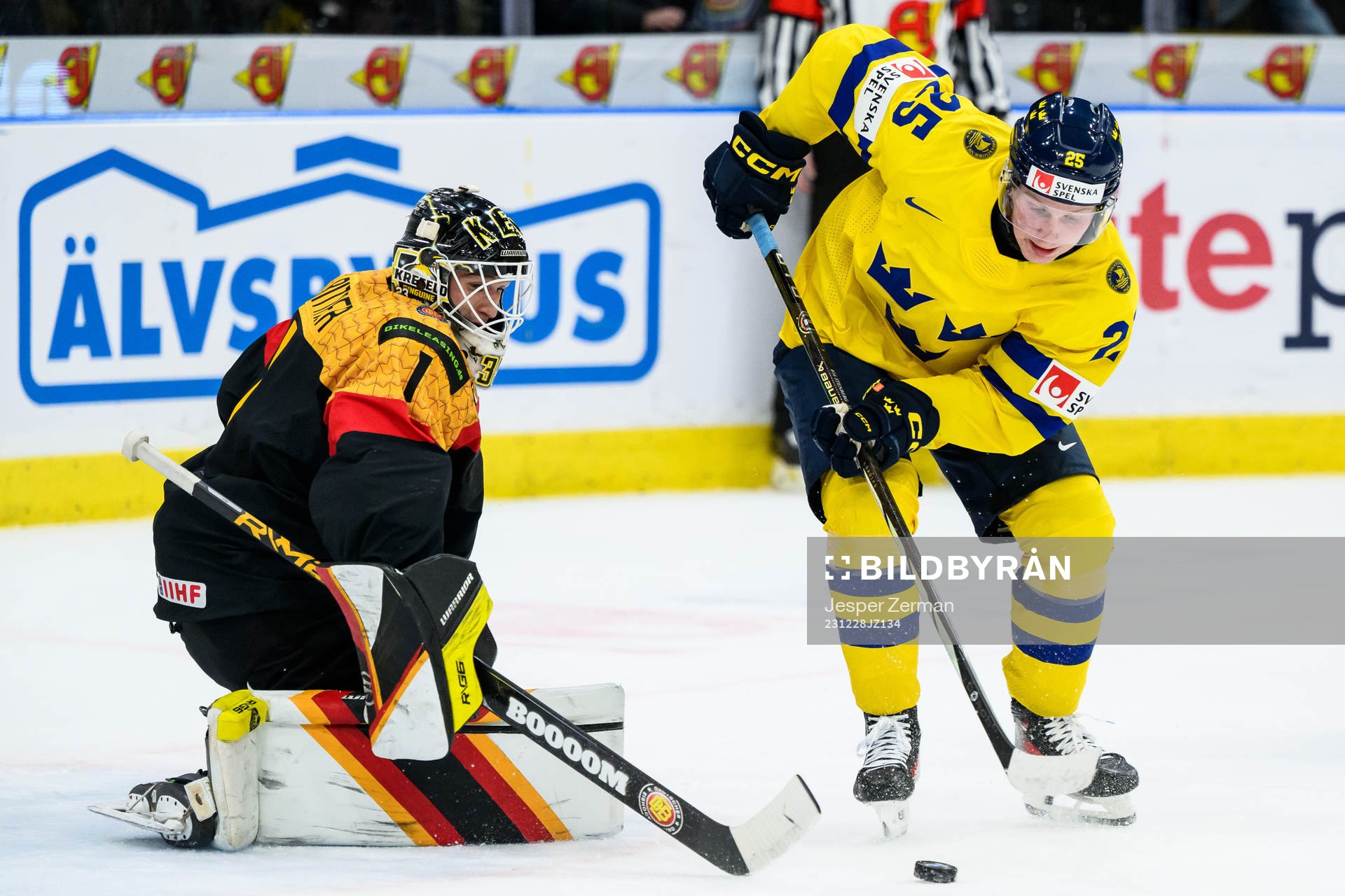Goaltender Matthias Bittner of Germany and Otto Stenberg of