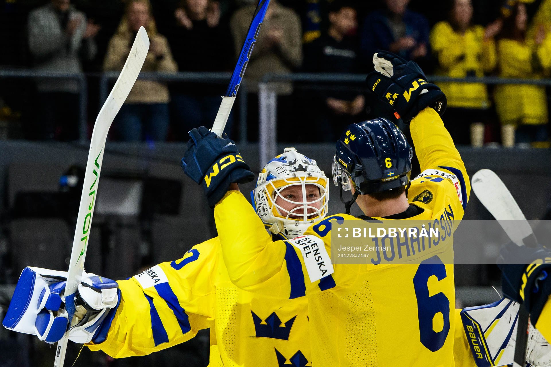 Goaltender Melker Thelin and Anton Johansson of Sweden