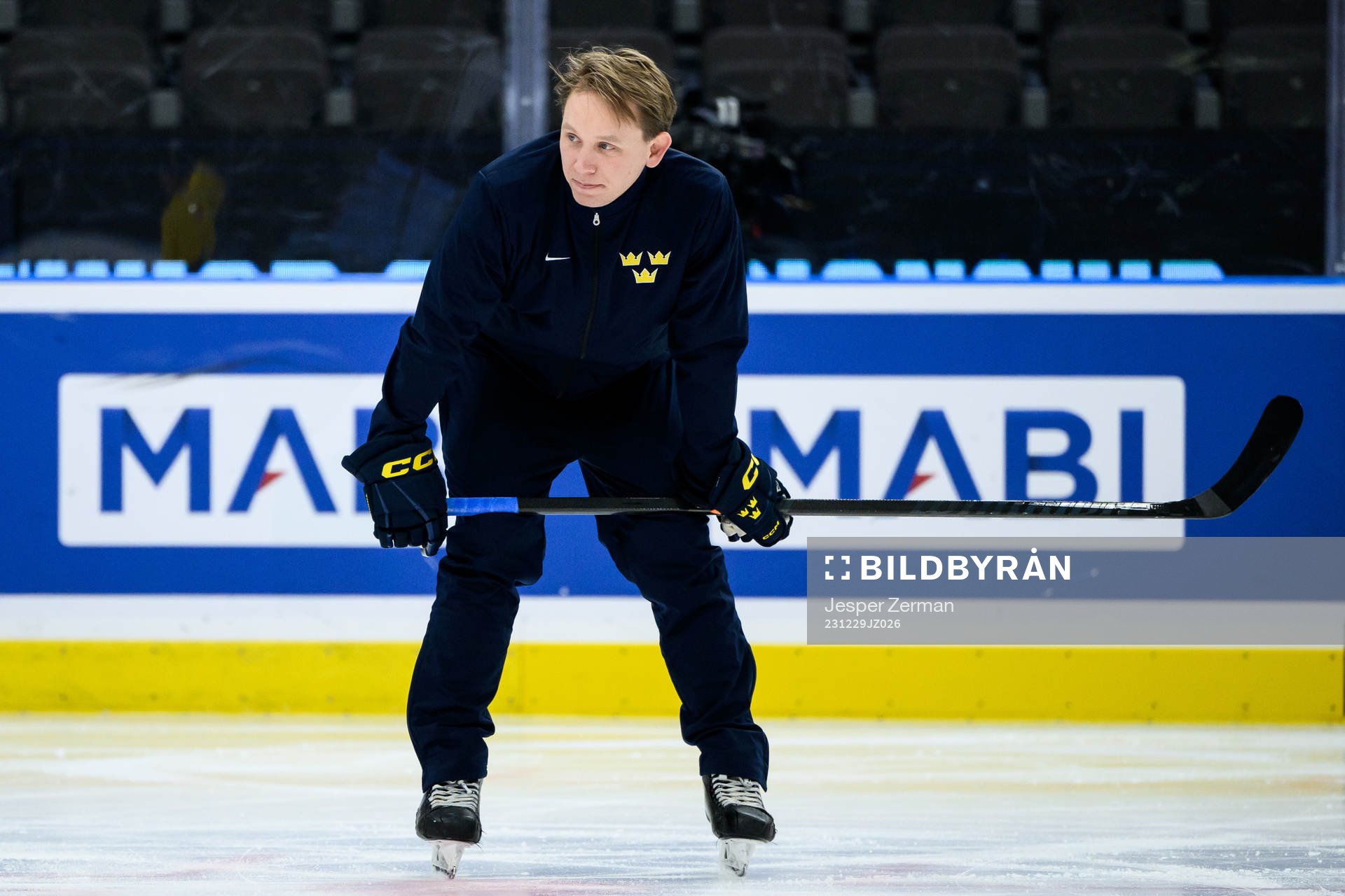 Goaltender coach Viktor Alm of Sweden at a practice session