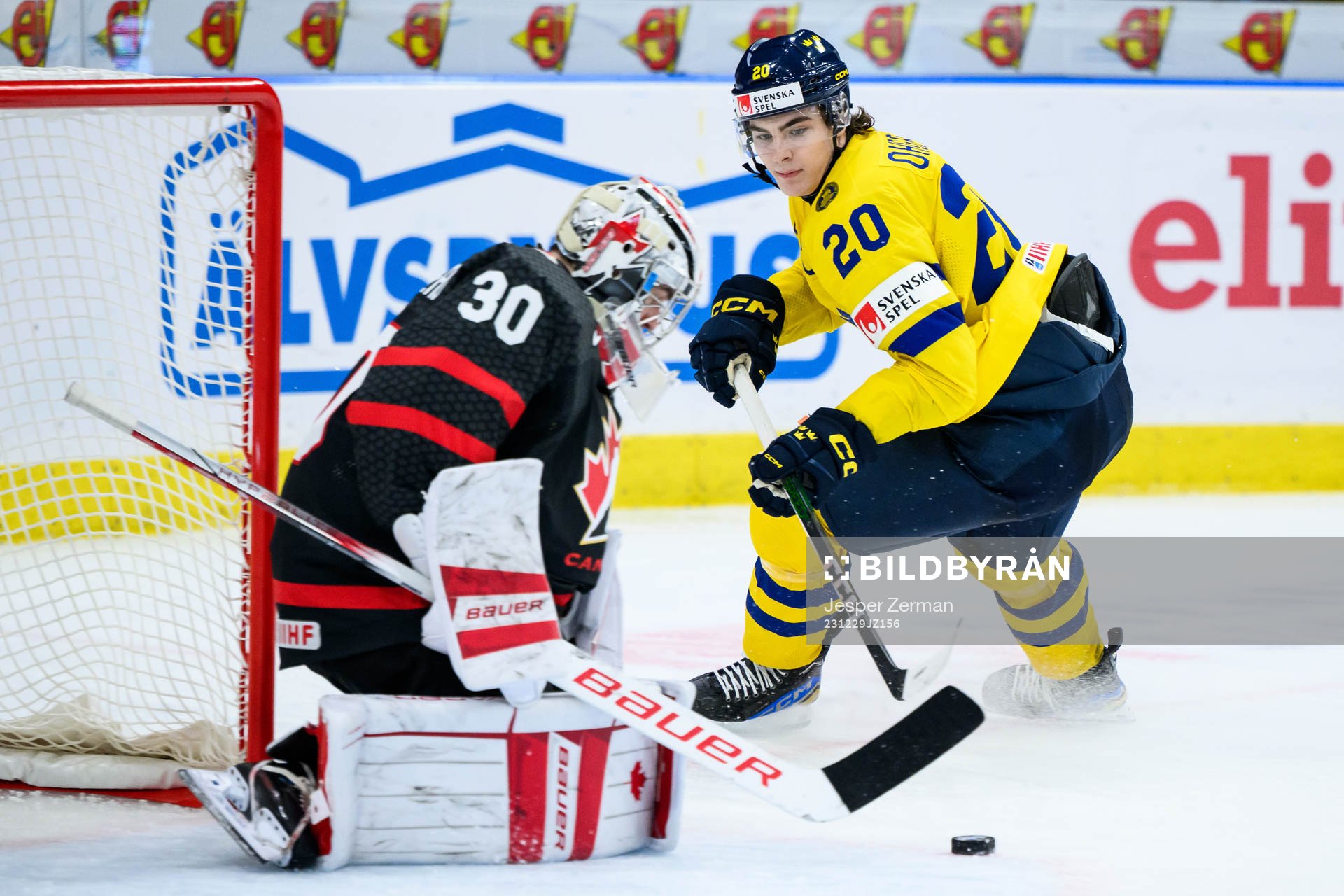 Goaltender Mathis Rousseau of Canada and Liam Öhgren of