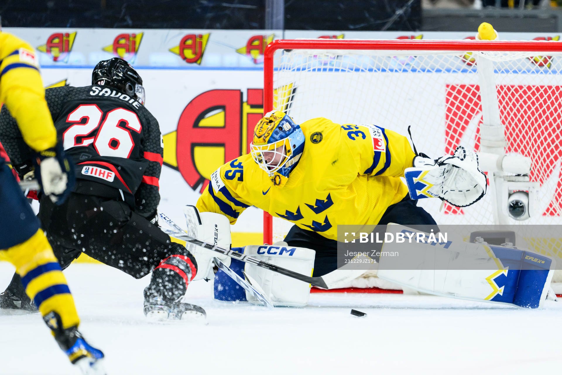 Matthew Savoie of Canada and goaltender Hugo Hävelid of