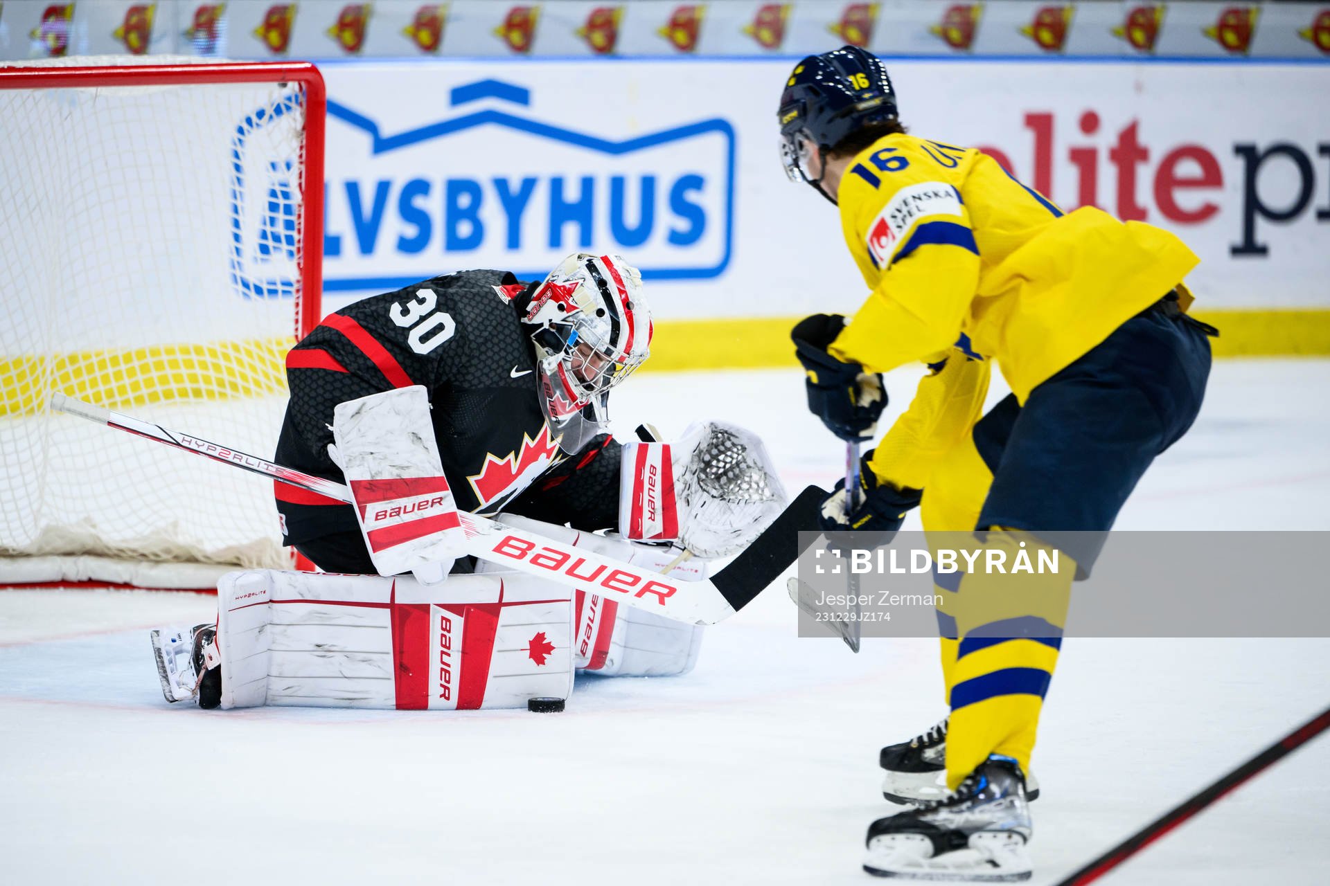 Goaltender Mathis Rousseau of Canada and Felix Unger Sörum