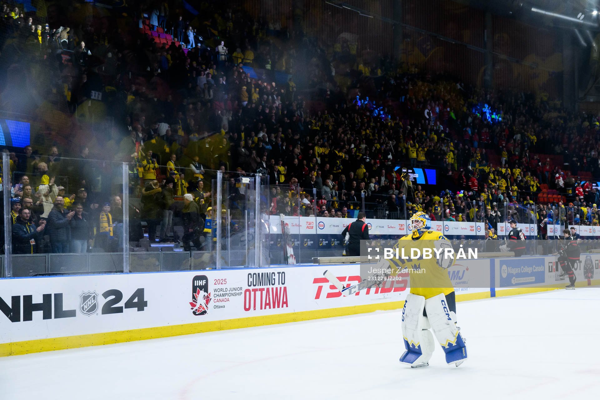 Goaltender Hugo Hävelid of Sweden celebrates