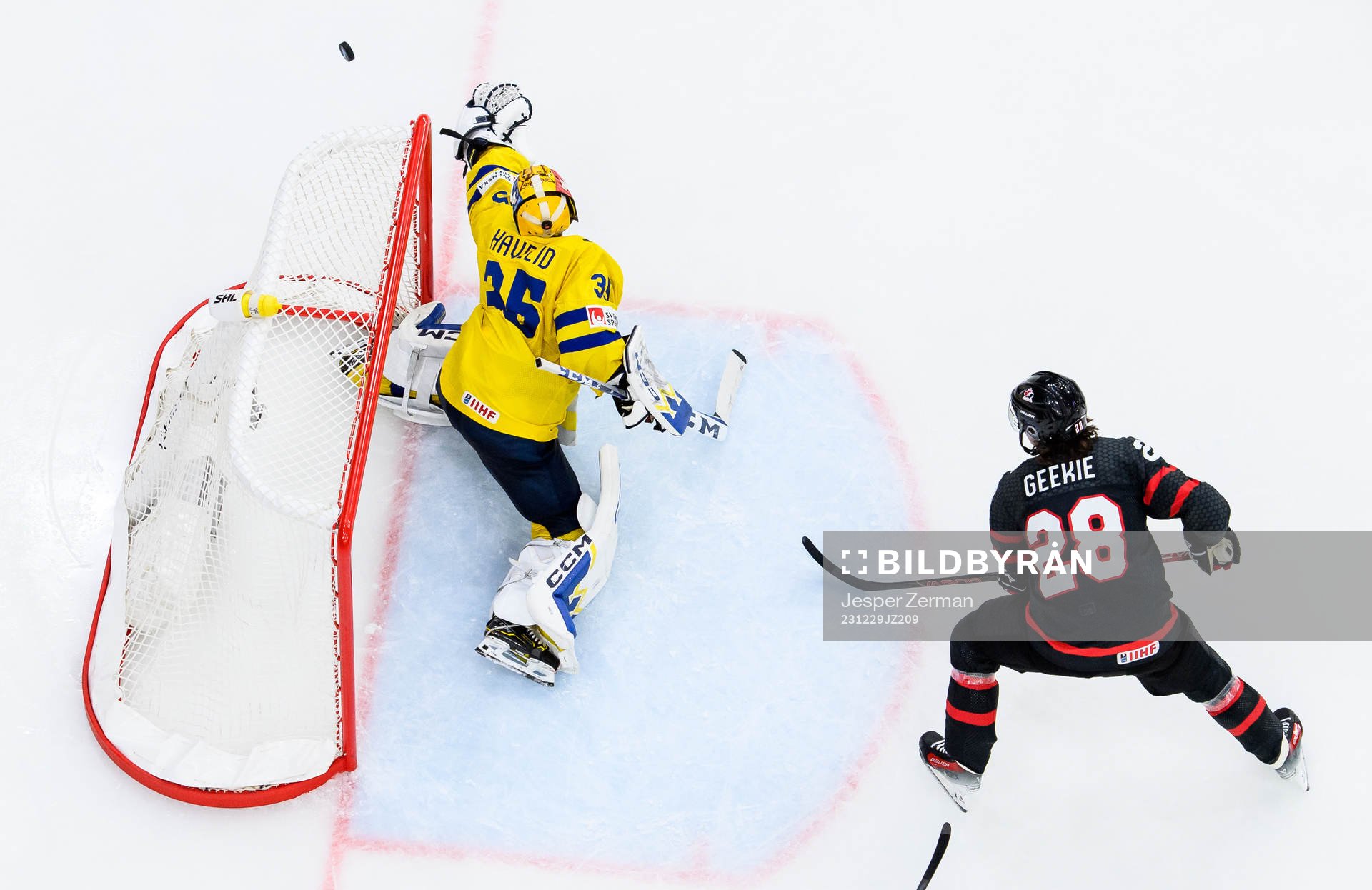 goaltender Hugo Hävelid of Sweden and Conor Geekie of