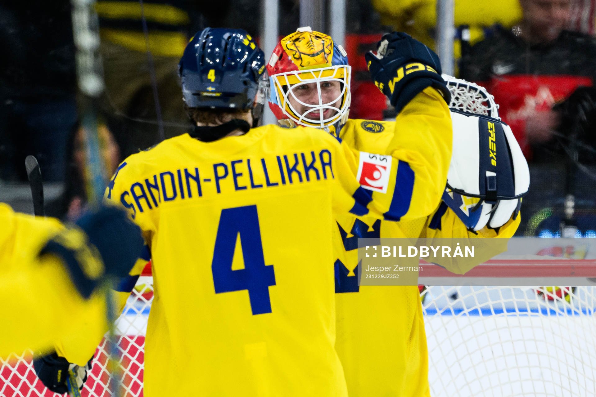 Axel Sandin-Pellikka and goaltender Hugo Hävelid of Sweden