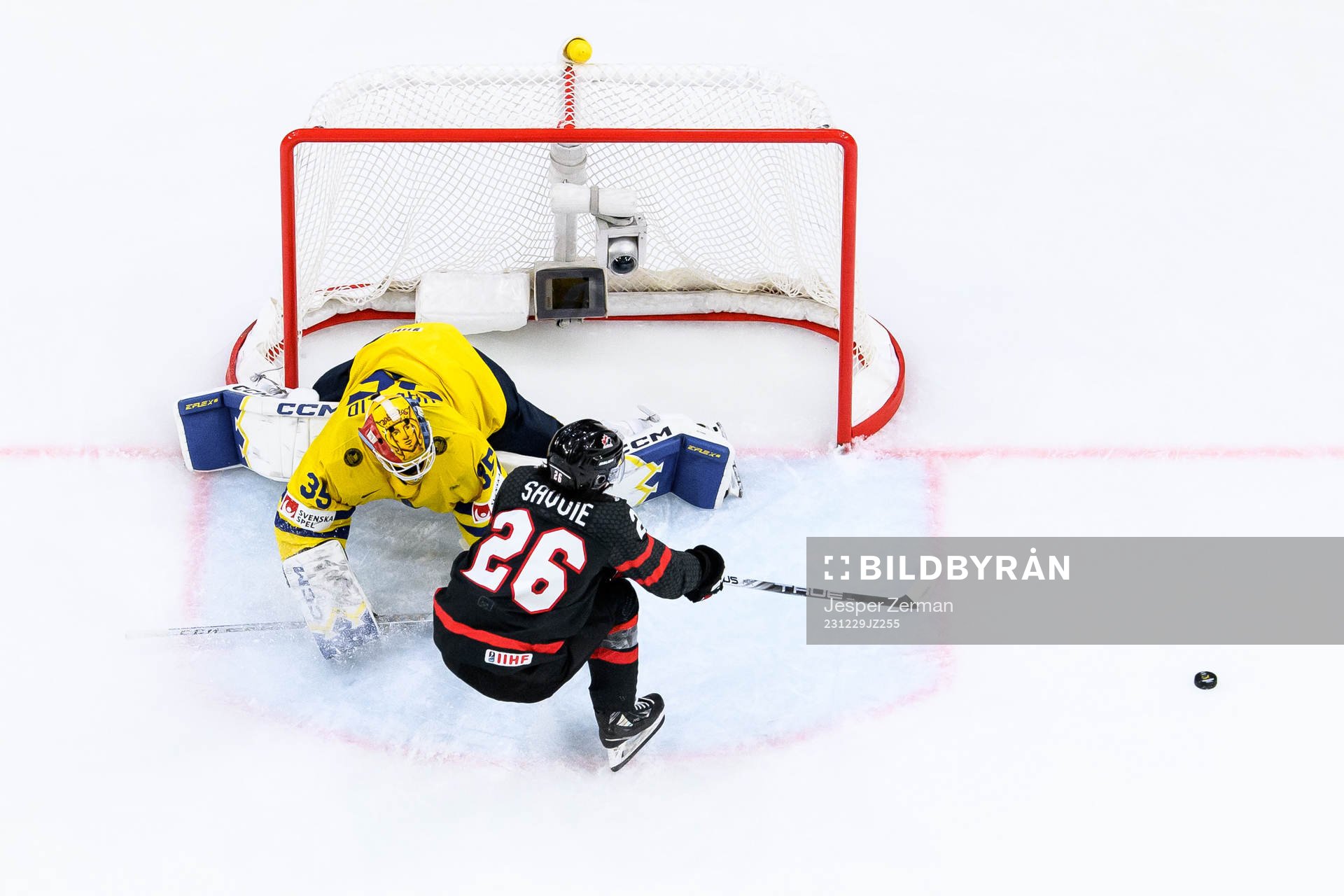 goaltender Hugo Hävelid of Sweden and Matthew Savoie of
