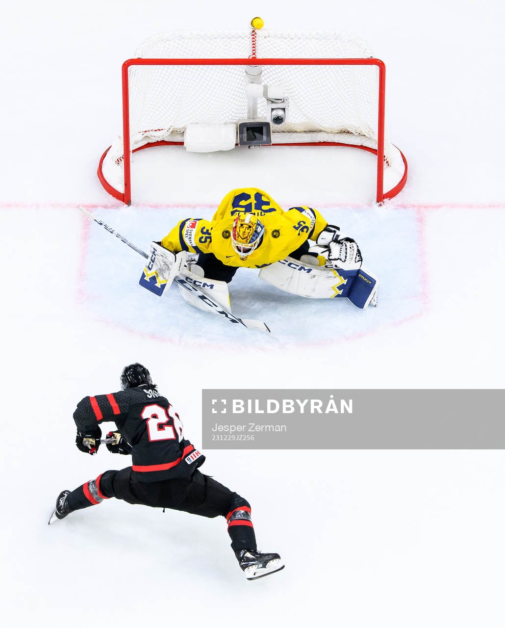 goaltender Hugo Hävelid of Sweden and Matthew Savoie of