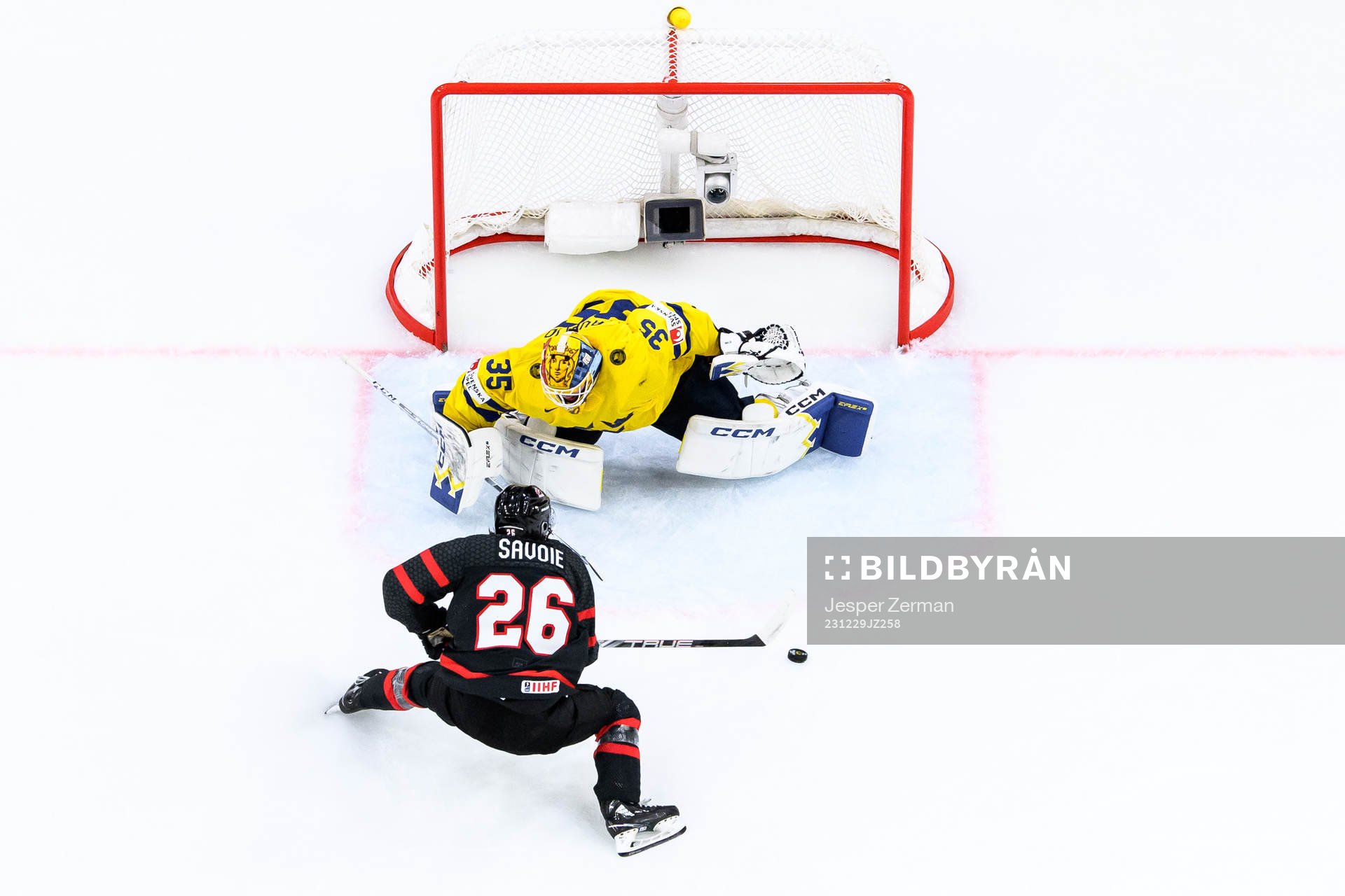 goaltender Hugo Hävelid of Sweden and Matthew Savoie of