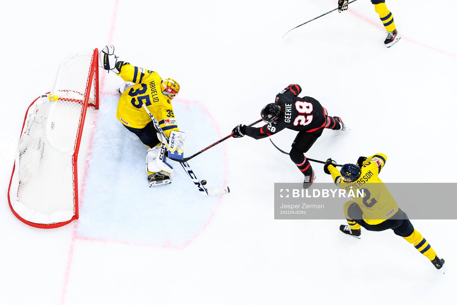 goaltender Hugo Hävelid and Elias Pettersson of Sweden