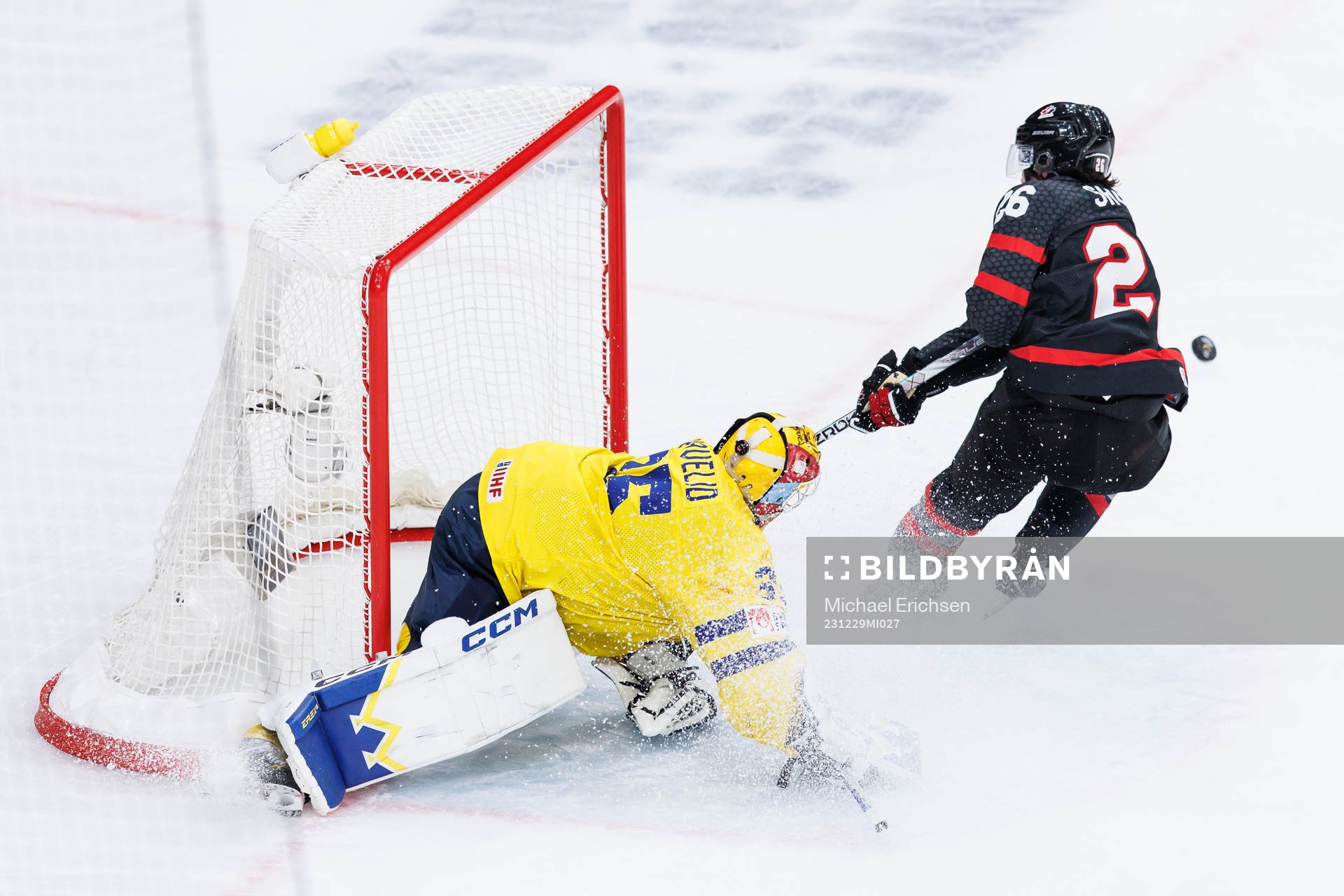 Goaltender Hugo Hävelid of Sweden and Matthew Savoie of