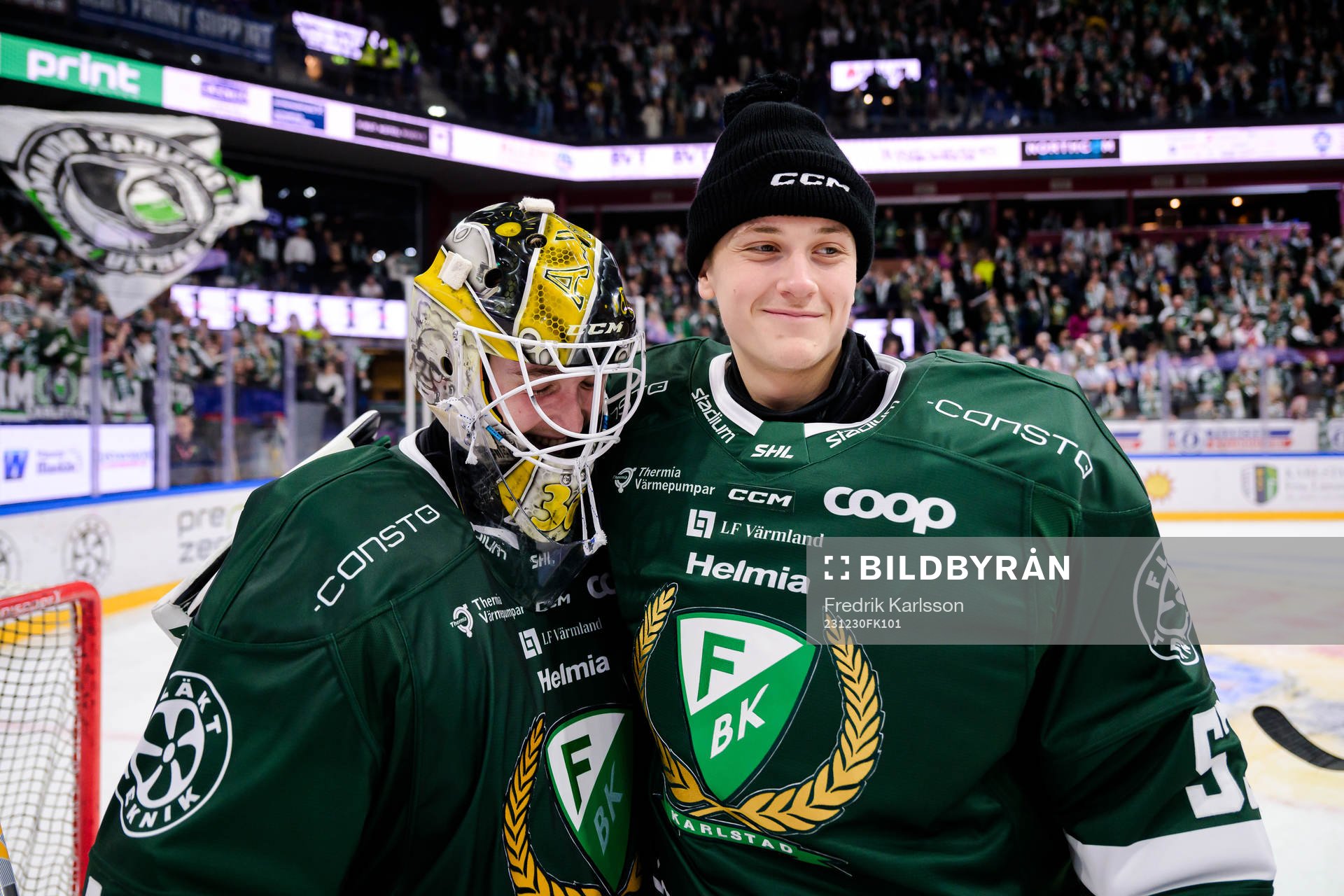Färjestads målvakt Tobias Normann och målvakt Melwin Asp