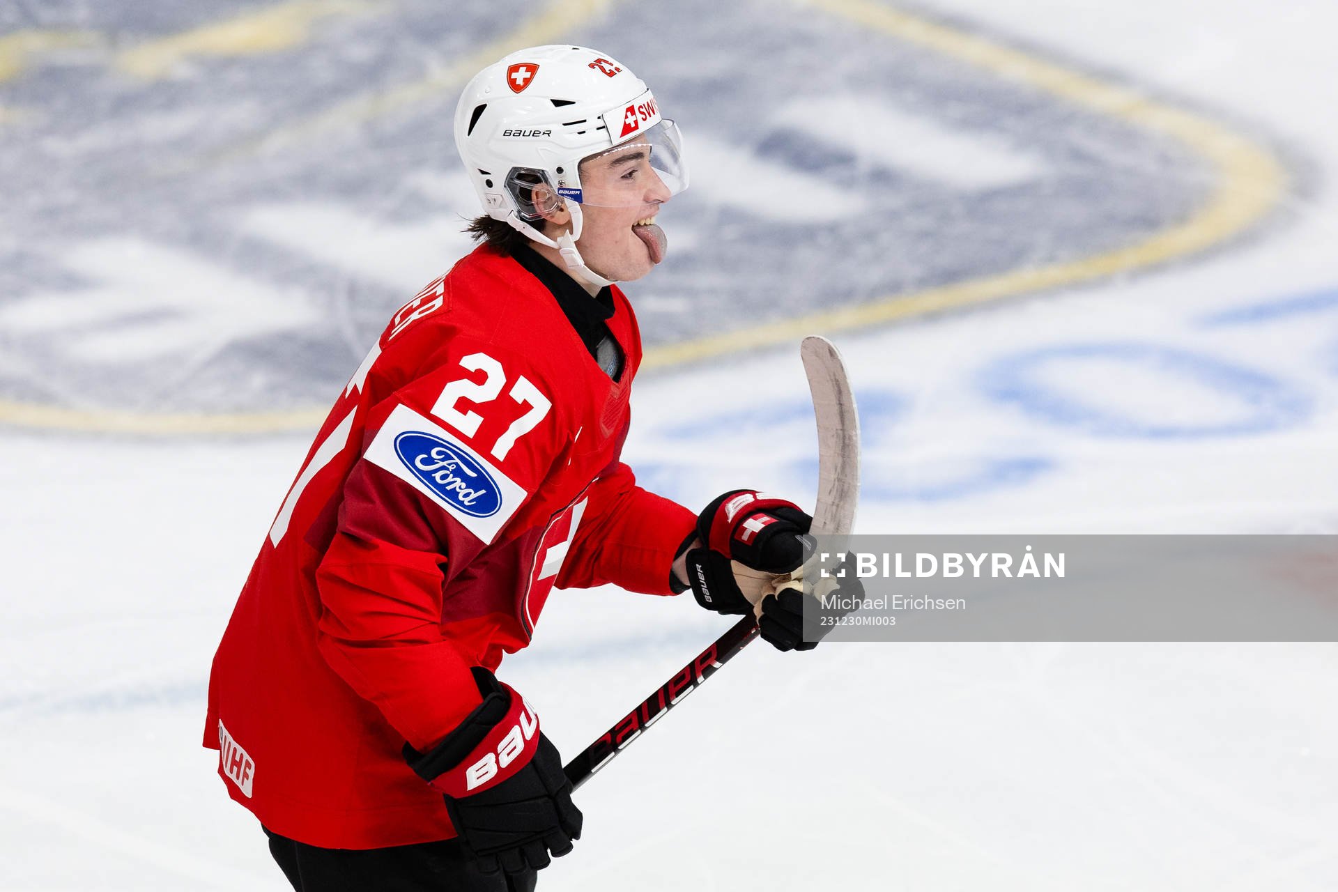 Simon Meier of Switzerland celebrates scoring 1-0