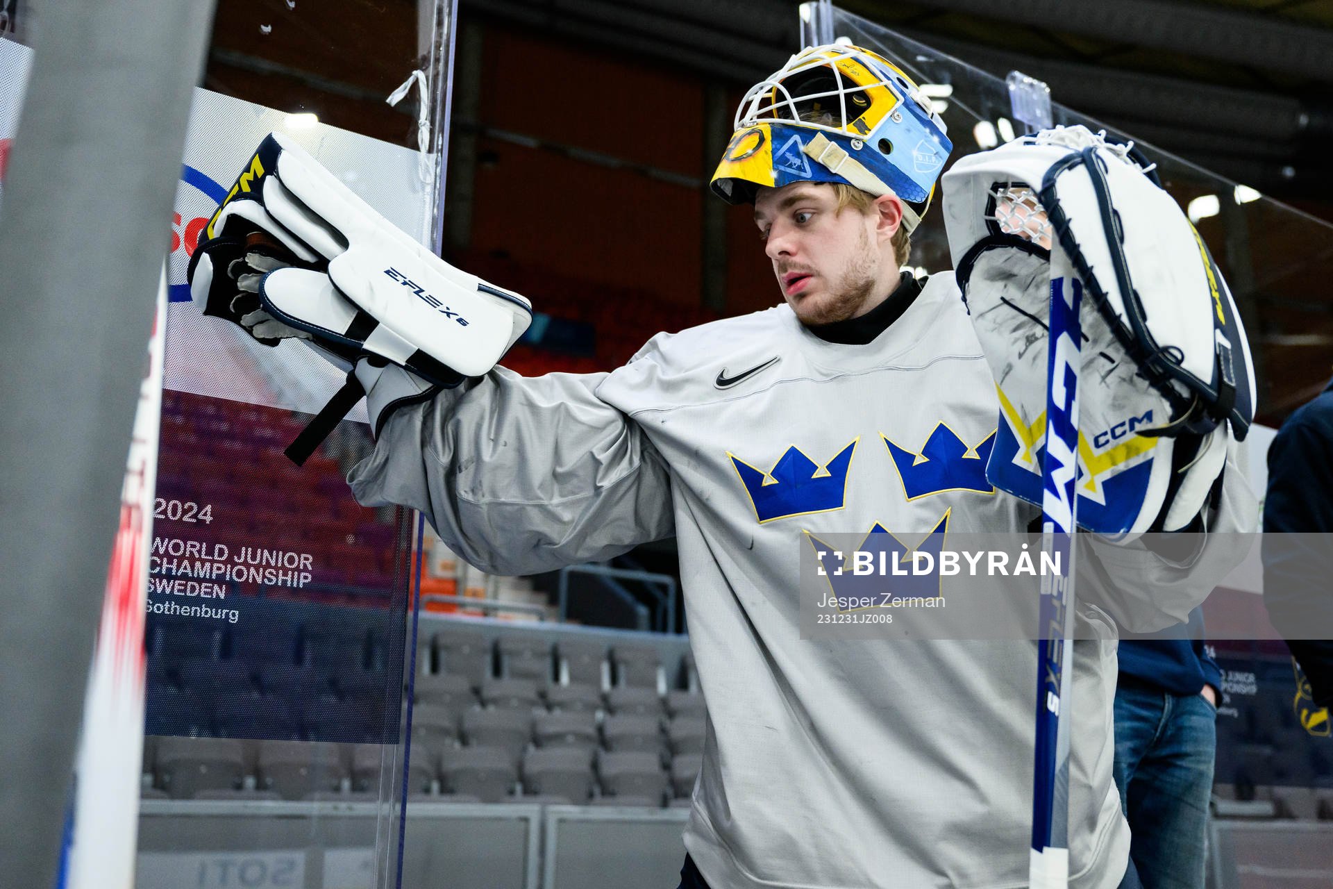 goaltender Hugo Hävelid of Sweden at a practice session