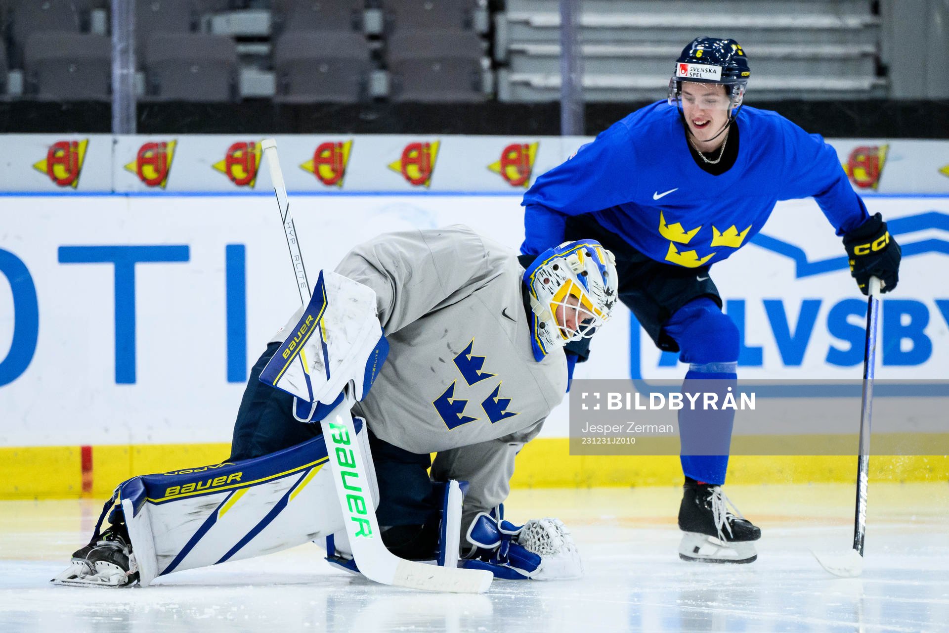 goaltender Melker Thelin and Anton Johansson of Sweden at a