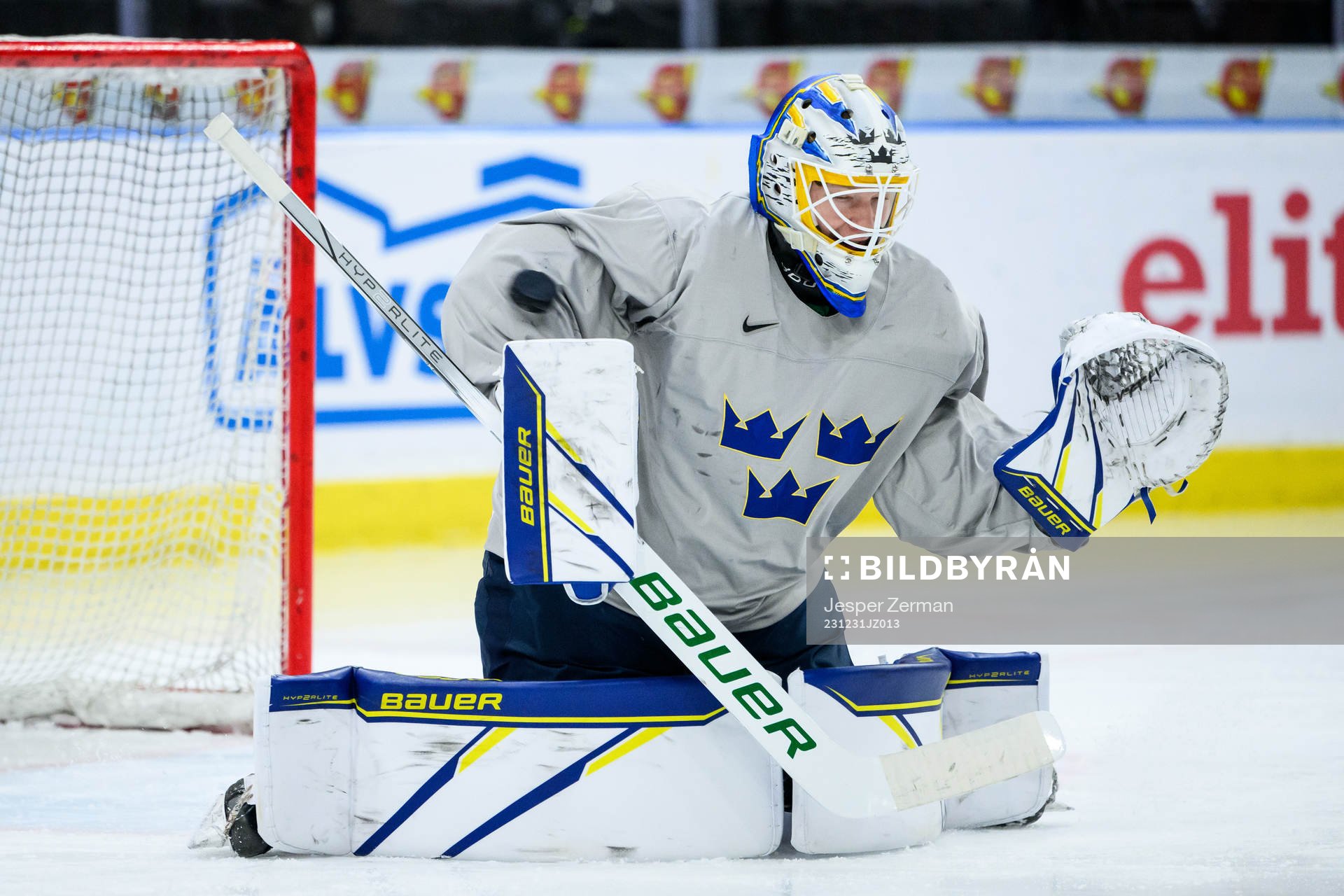 goaltender Melker Thelin of Sweden at a practice session
