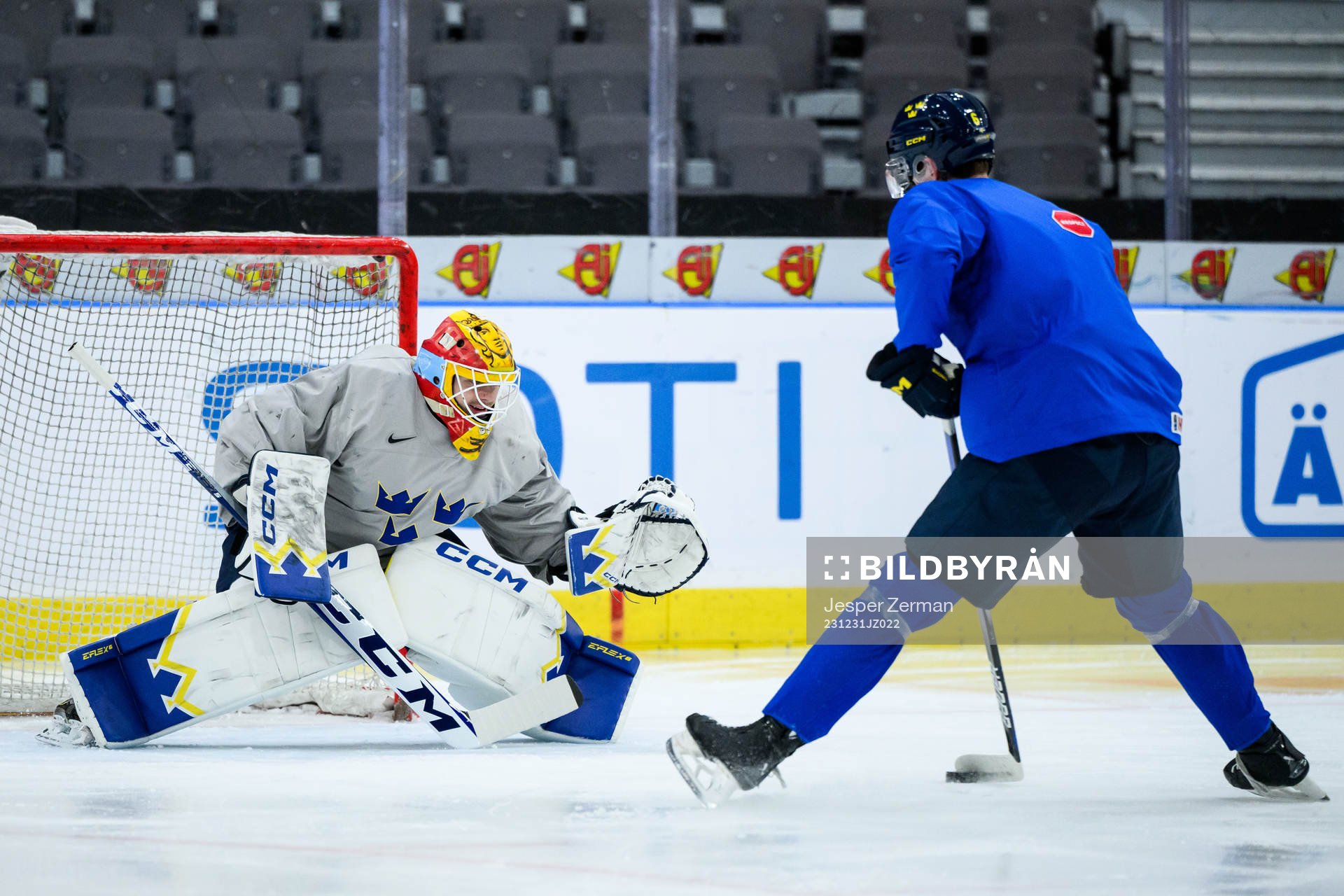 goaltender Hugo Hävelid and Anton Johansson of Sweden at a