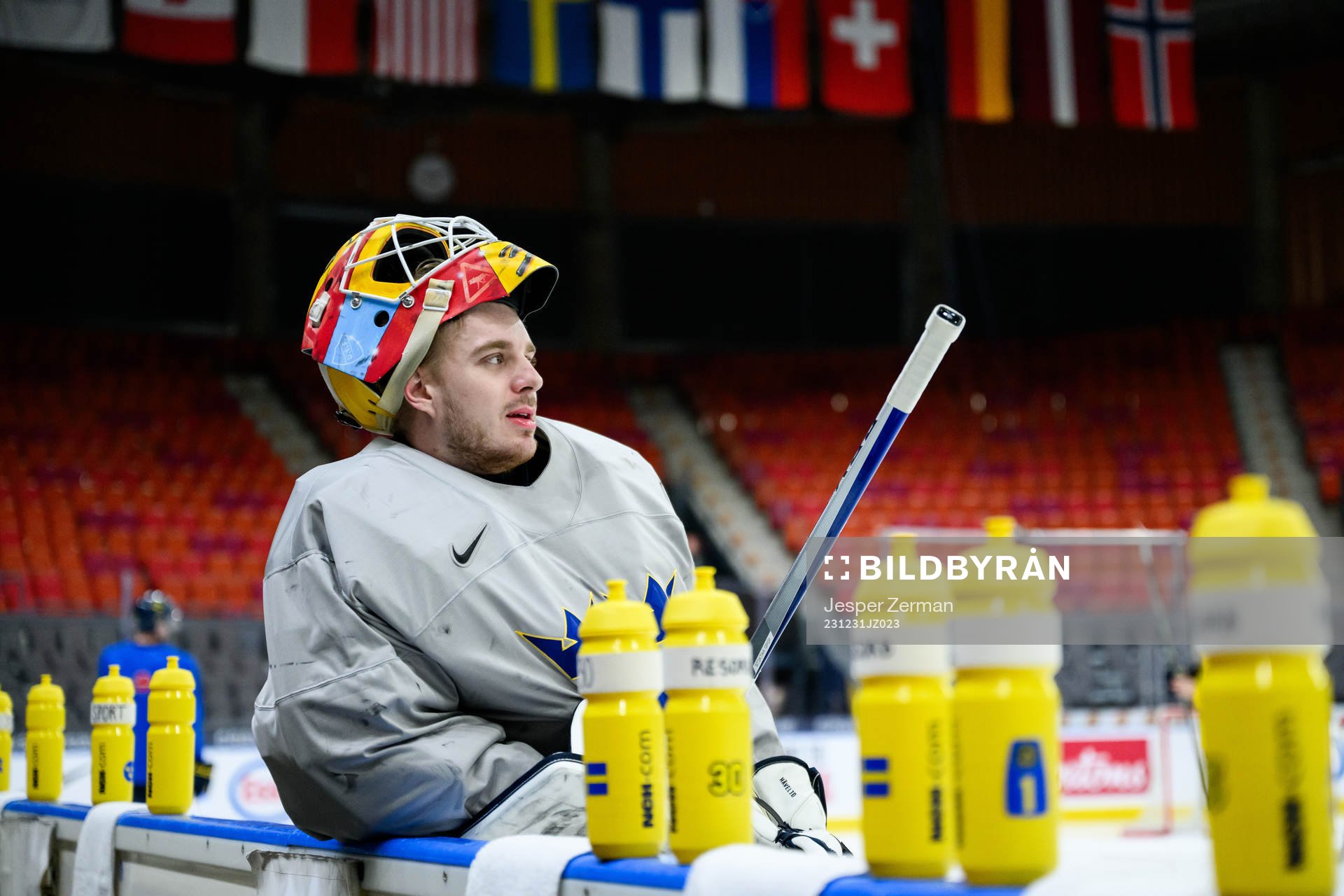 goaltender Hugo Hävelid of Sweden at a practice session