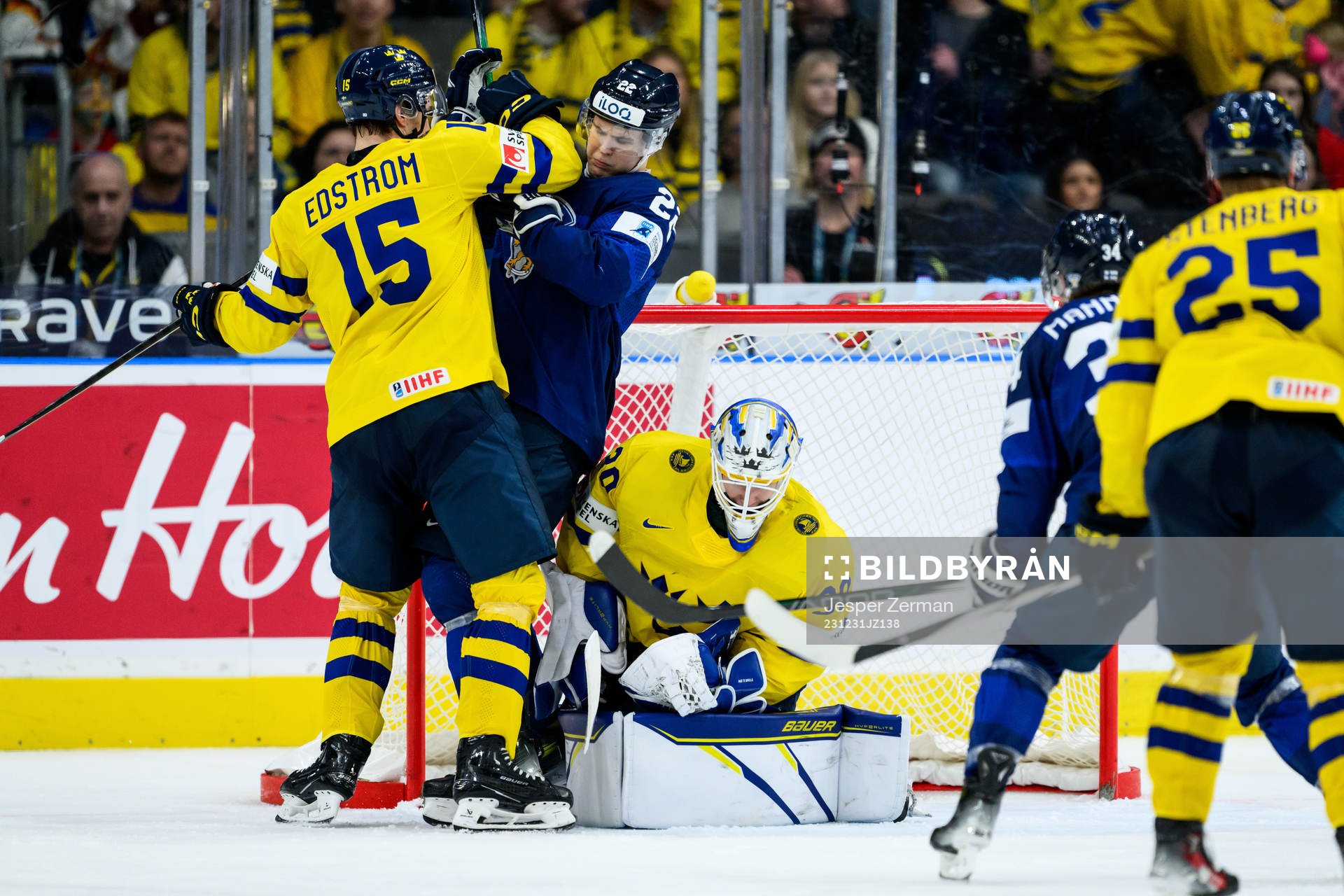 David Edstrom and goaltender Melker Thelin of Sweden and