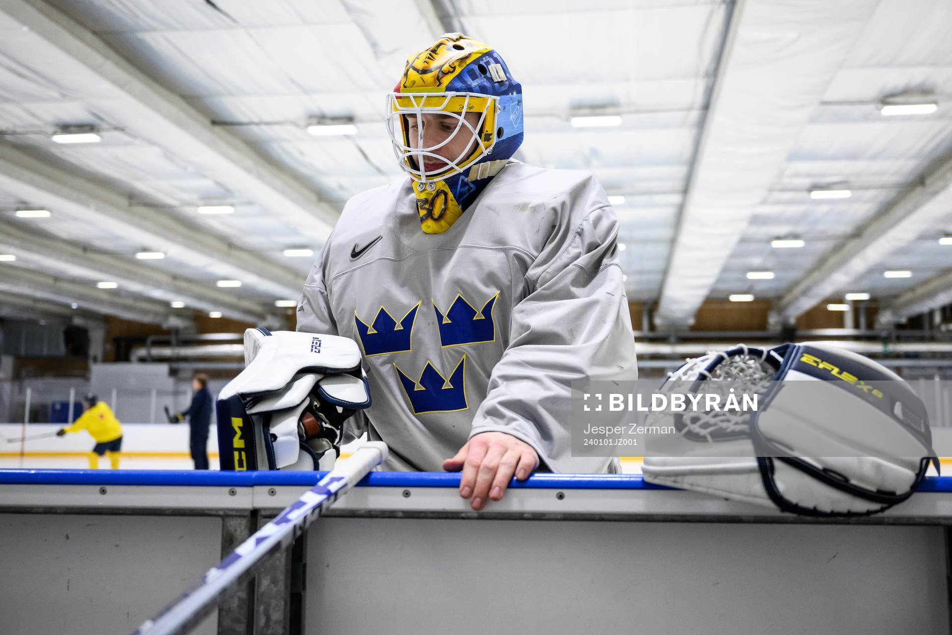 goaltender Hugo Hävelid of Sweden at a practice session