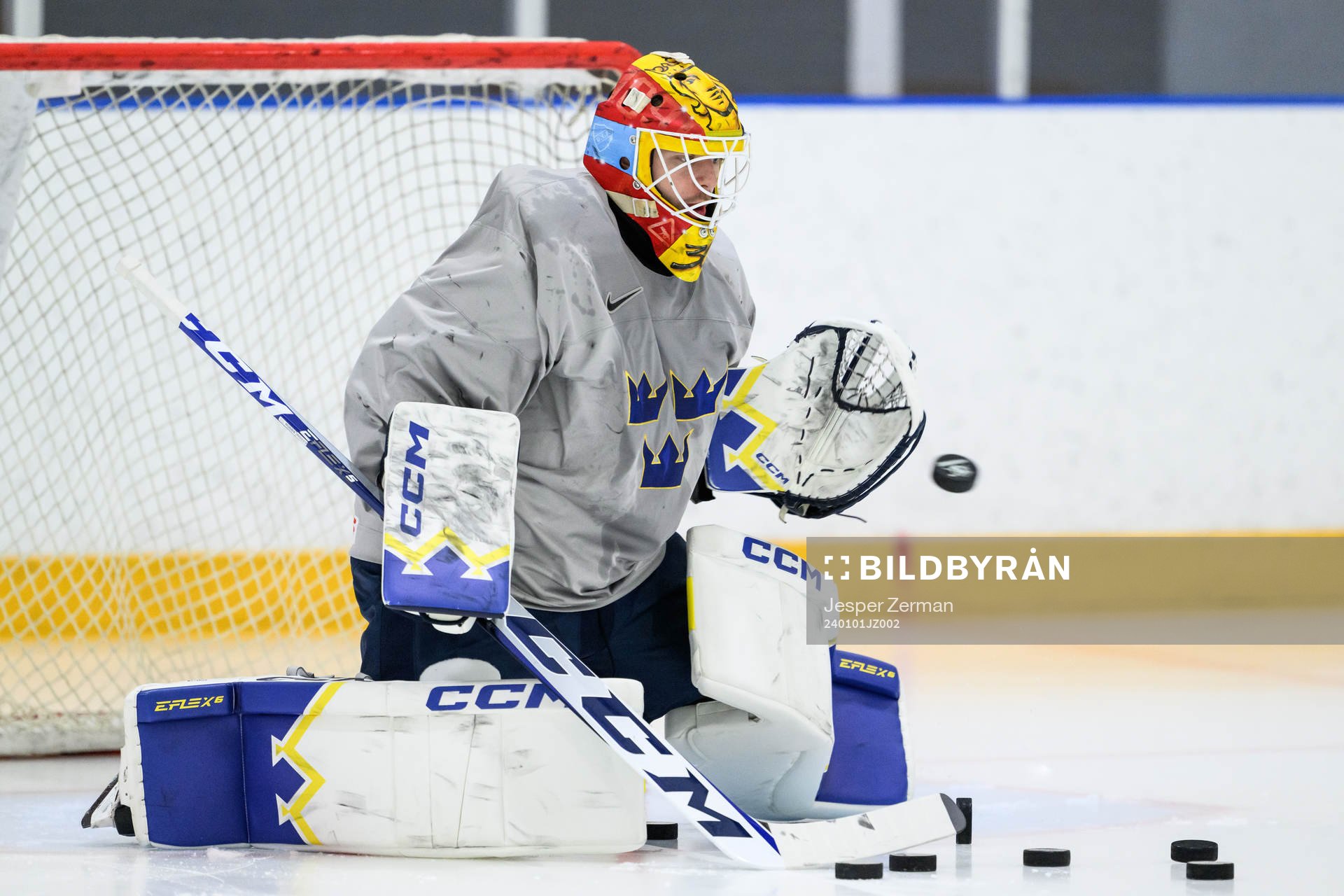 goaltender Hugo Hävelid of Sweden at a practice session