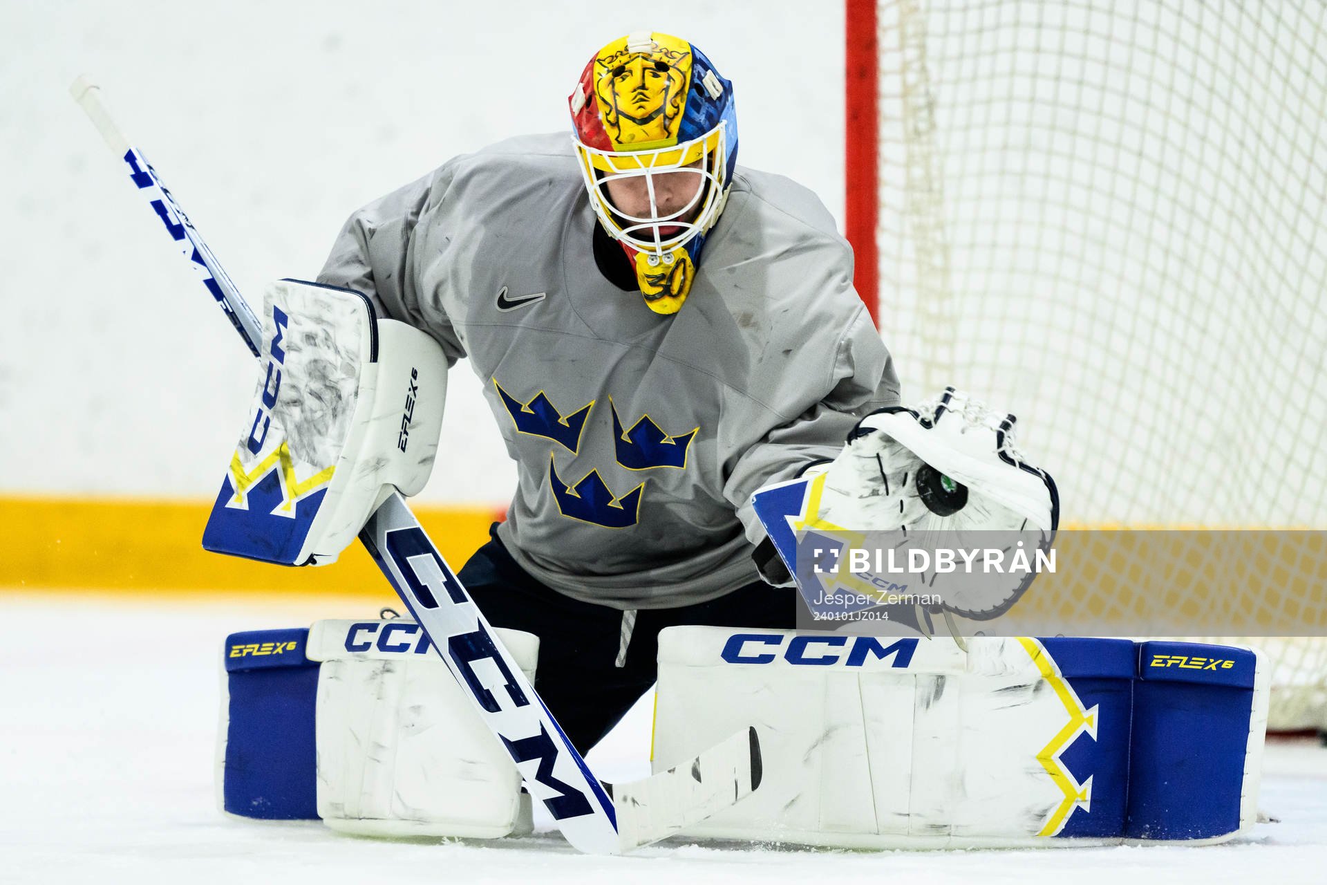 goaltender Hugo Hävelid of Sweden at a practice session