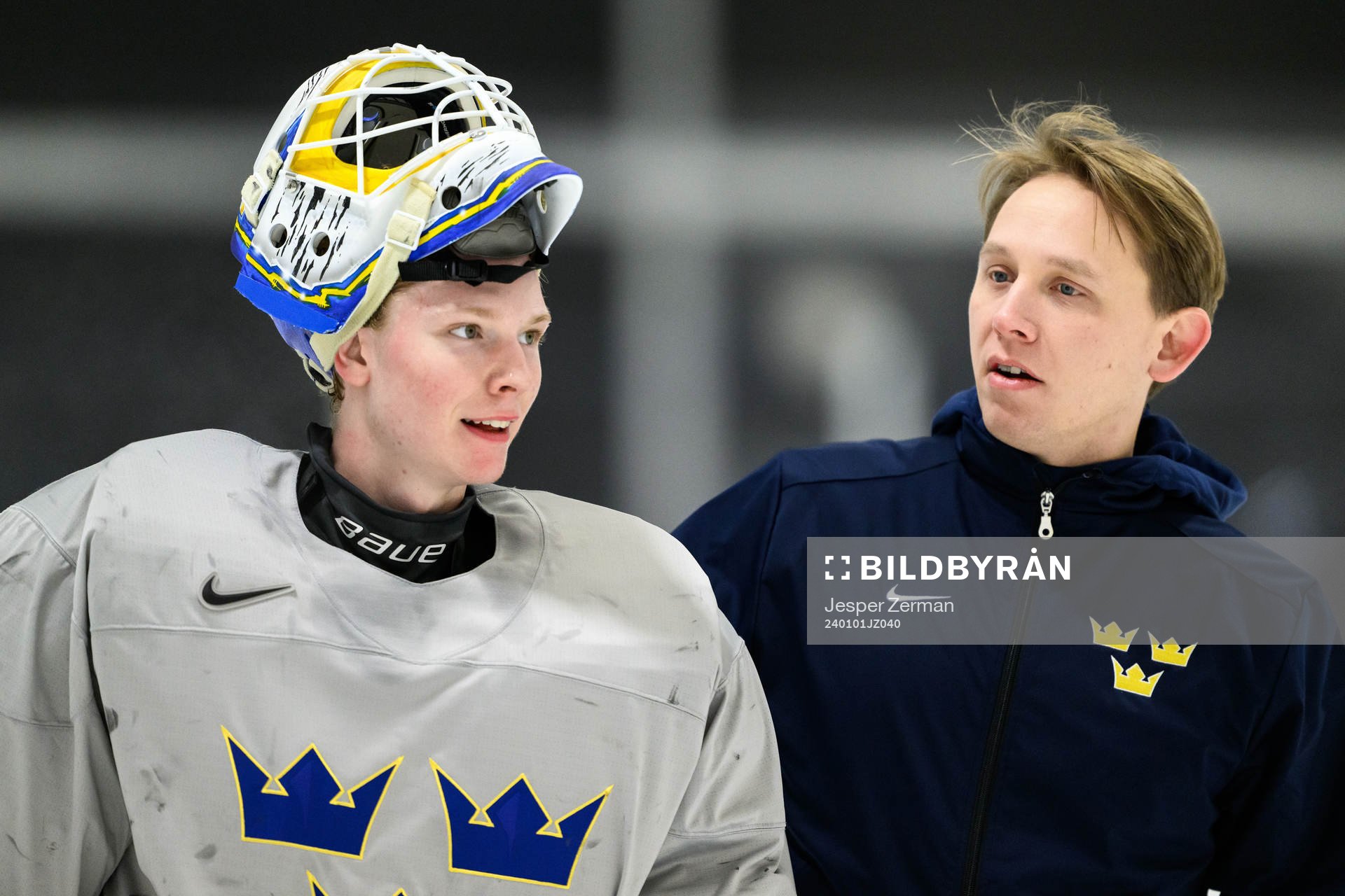 goaltender Melker Thelin and goaltender coach Viktor Alm of