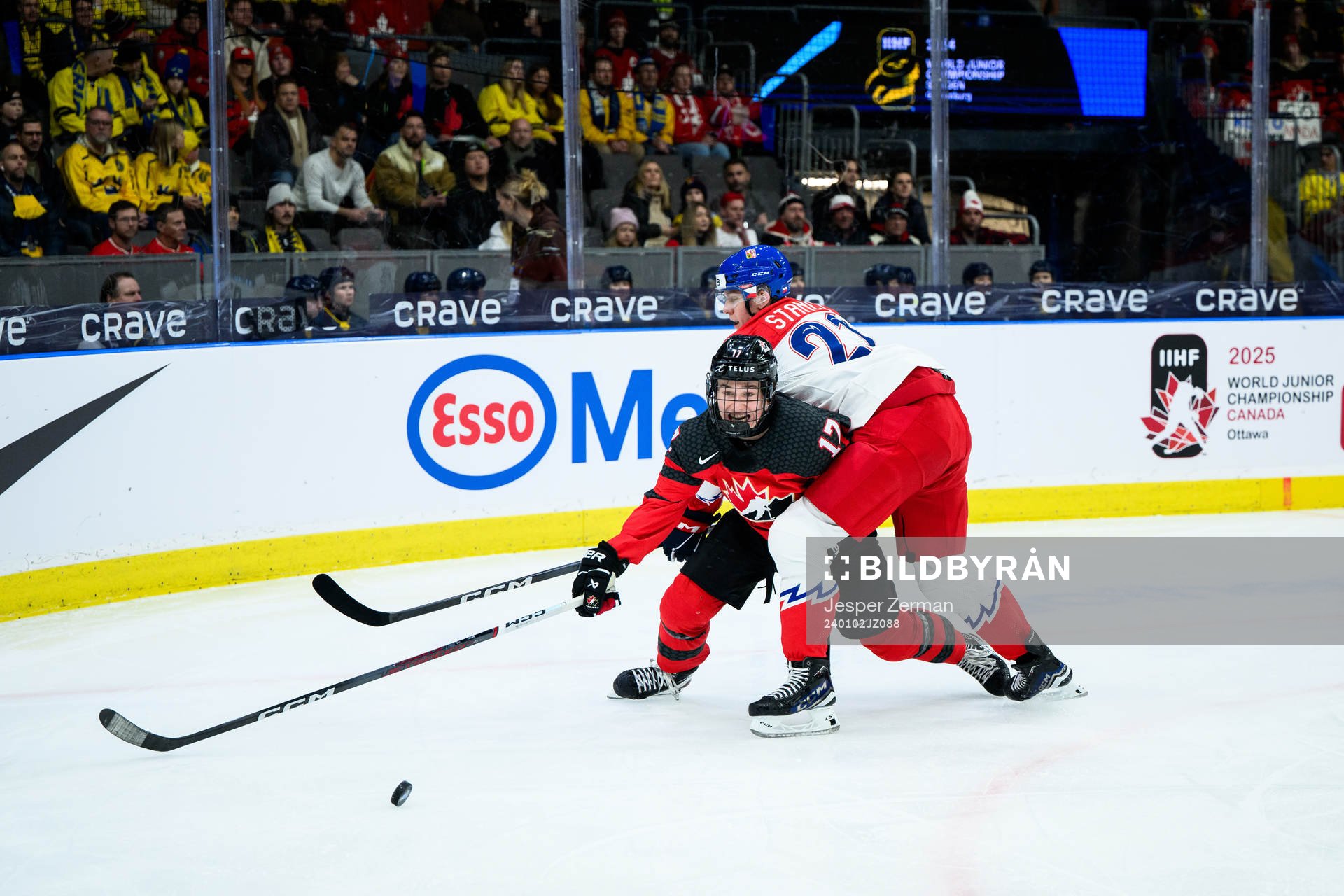 Macklin Celebrini of Canada and Jakub Stancl of Czech