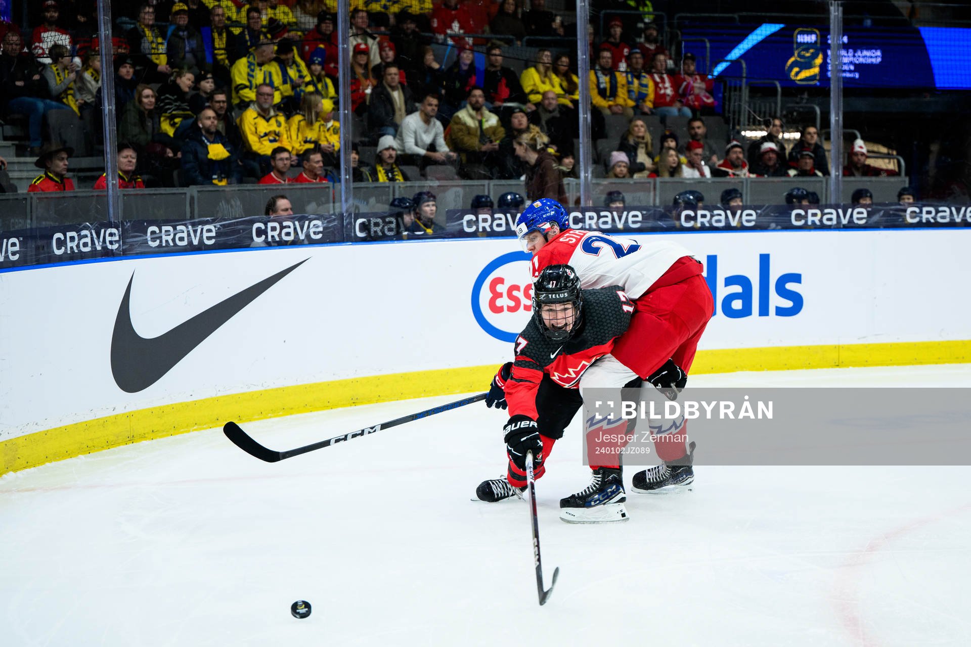 Macklin Celebrini of Canada and Jakub Stancl of Czech
