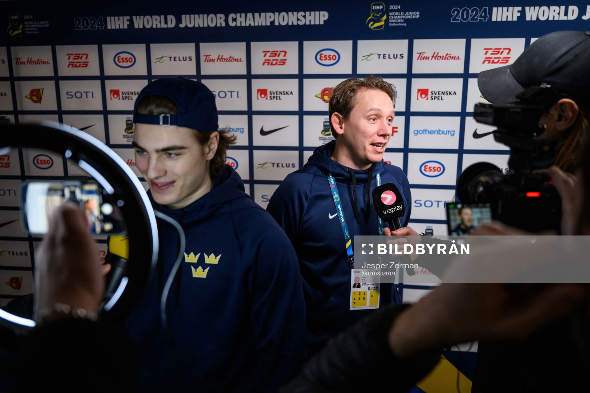 Liam Öhgren and goaltender coach Viktor Alm of Sweden