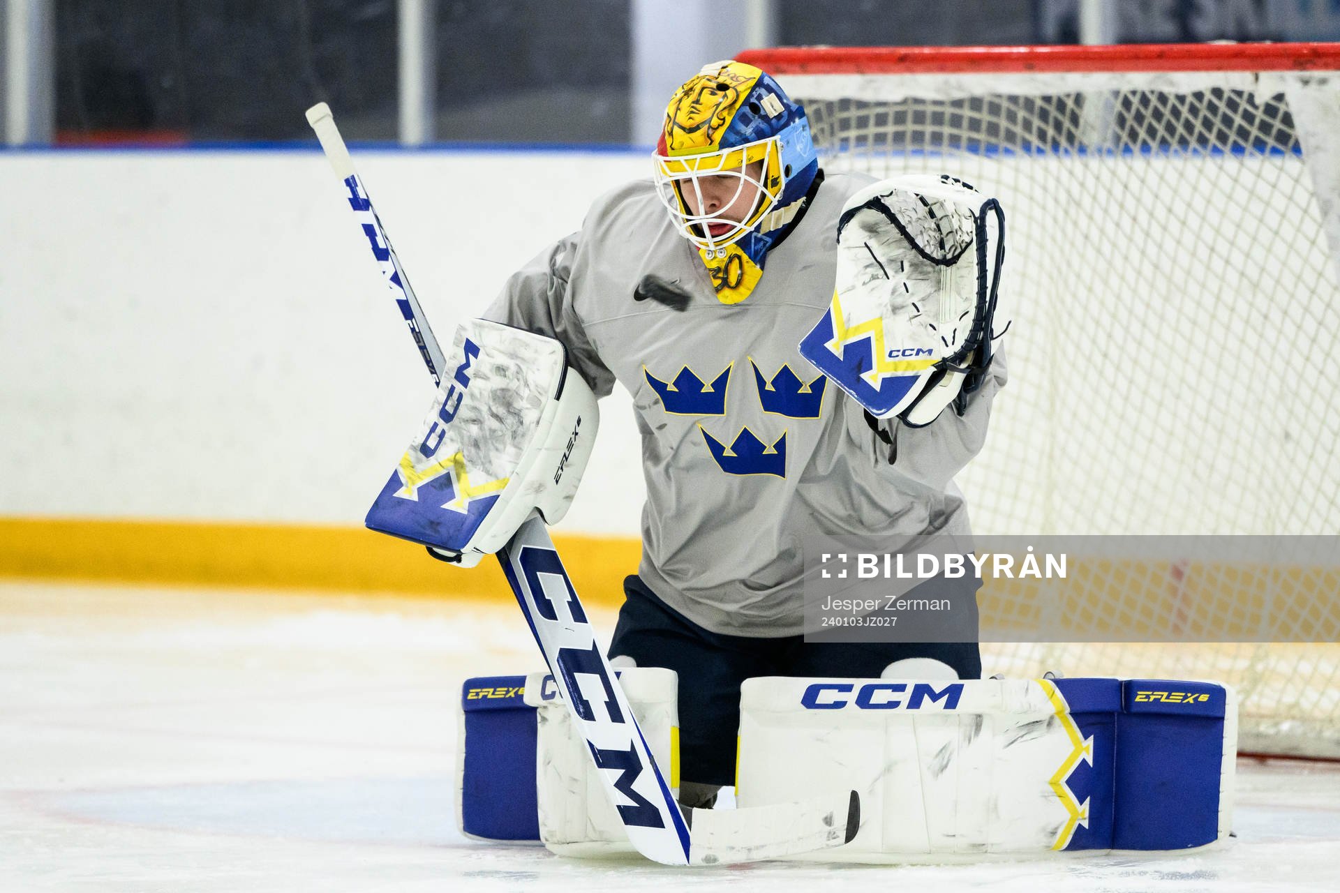 goaltender Hugo Hävelid of Sweden at a practice session