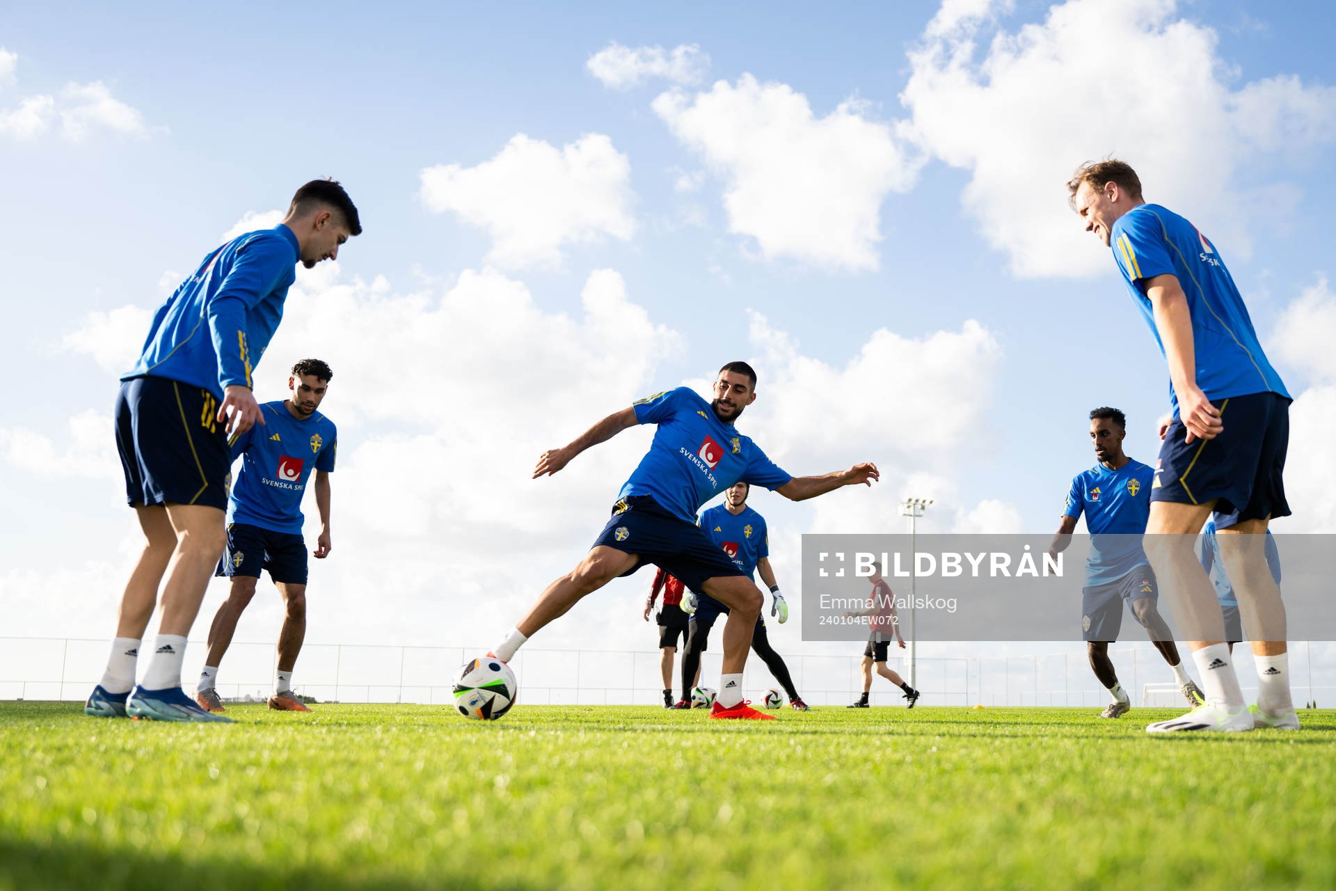 Armin Gigovic, Joakim Persson, Rami Al Hajj, Taha Ali and Adam Carlén of the Swedish men's football national team at a training session on January 4, 2024 in Paphos. 