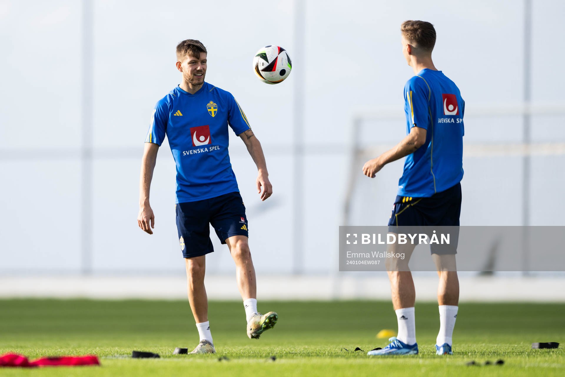 Anton Salétros and Samuel Leach Holm of the Swedish men's football national team at a training session on January 4, 2024 in Paphos. 