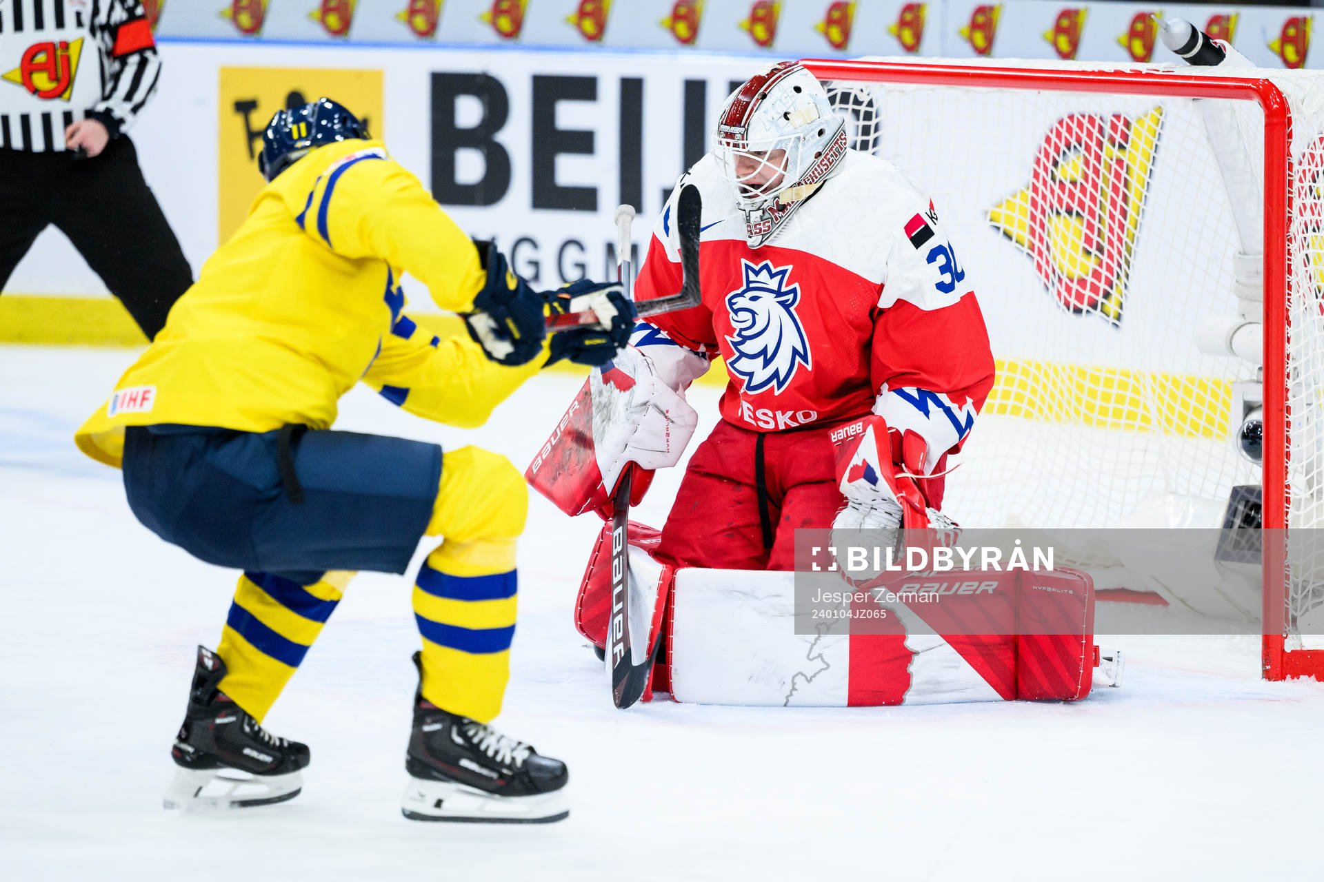 Isac Born of Sweden and goaltender Michael Hrabal of Czech
