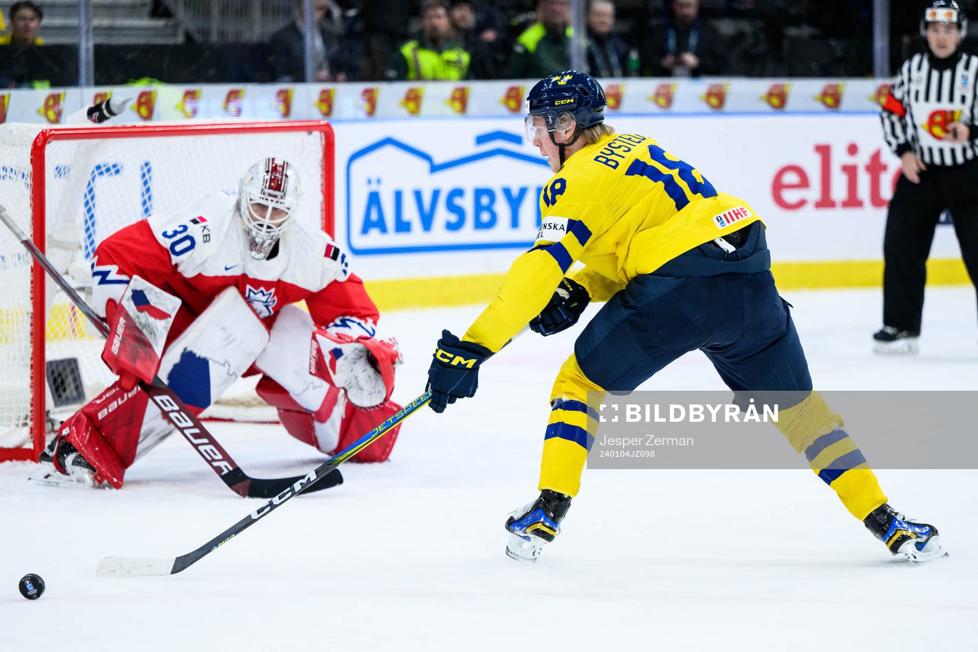 Filip Bystedt of Sweden and goaltender Michael Hrabal of