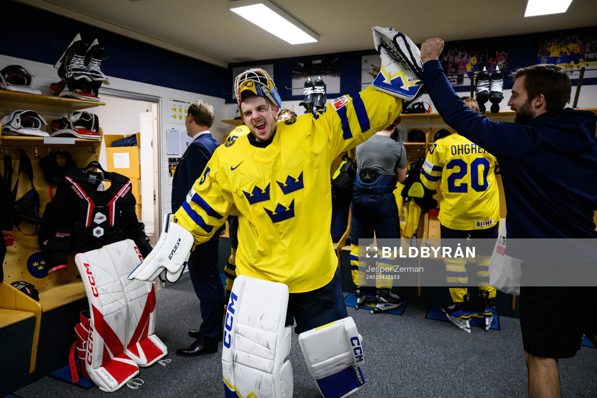 Goaltender Hugo Hävelid of Sweden celebrates