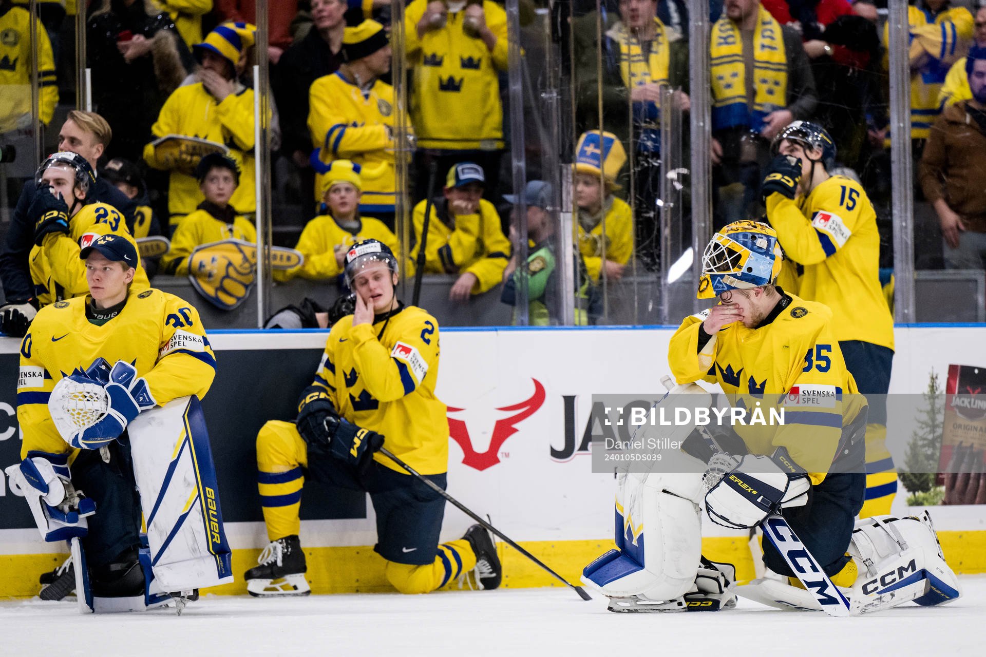 Goaltender Hugo Hävelid of Sweden looks dejected