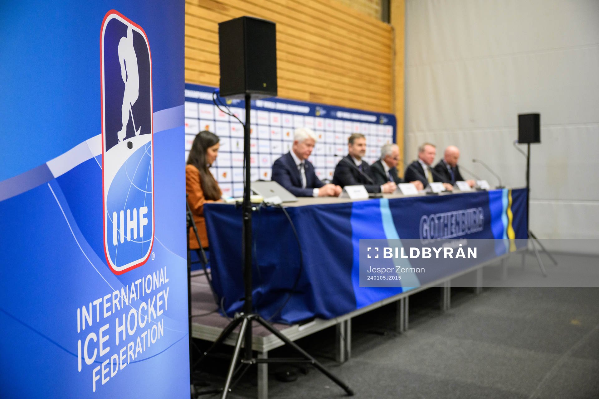 The IIHF logo at a press conference