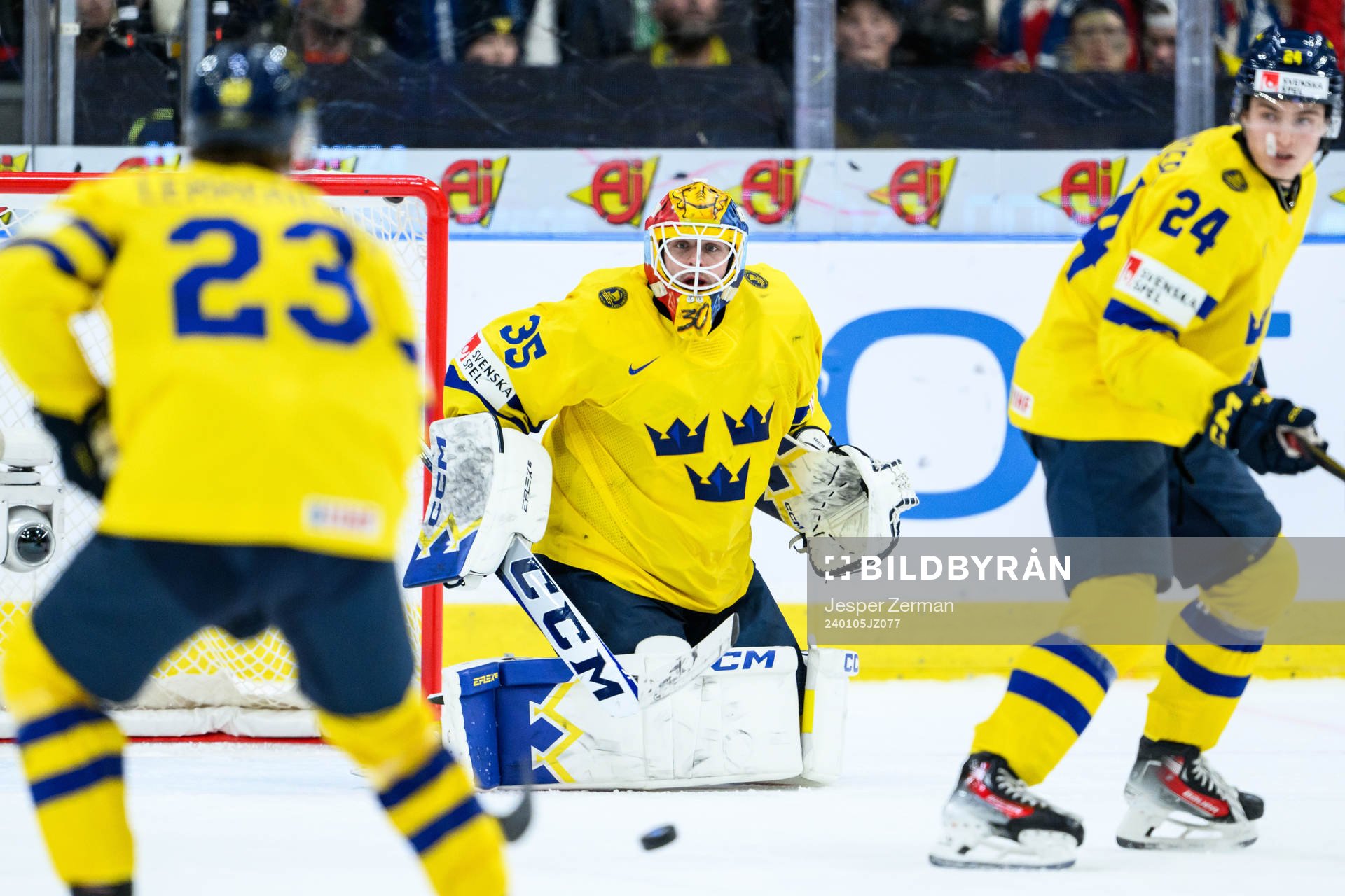 Goaltender Hugo Hävelid of Sweden celebrating