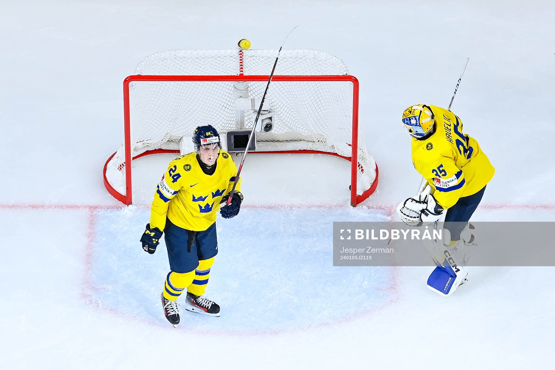 Tom Willander and goaltender Hugo Hävelid of Sweden look