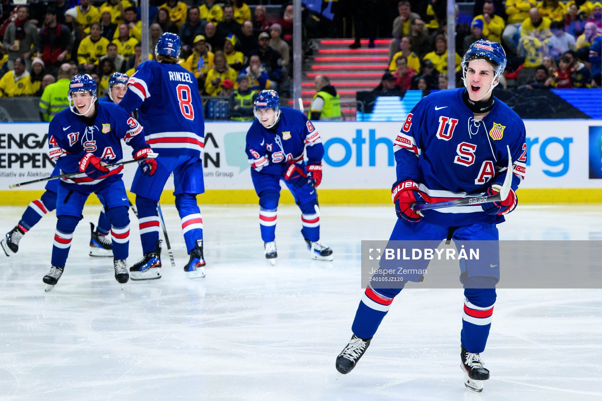 Lane Hutson of USA celebrates the 4-2 goal
