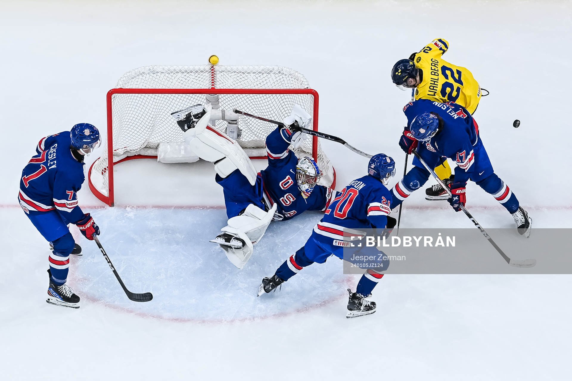 Anton Wahlberg of Sweden against Ryan Chesley, goaltender