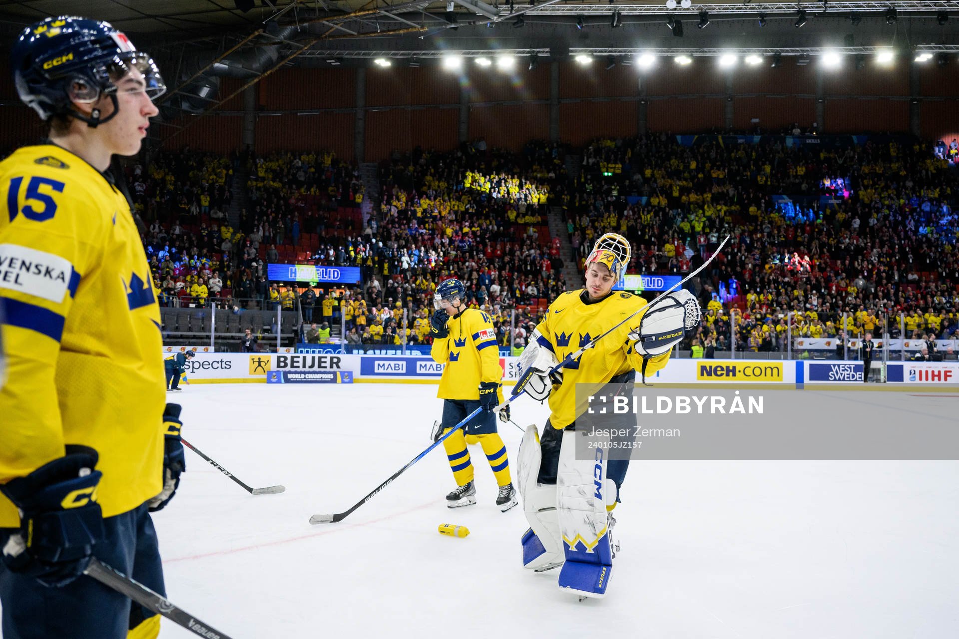 Goaltender Hugo Hävelid of Sweden looks dejected