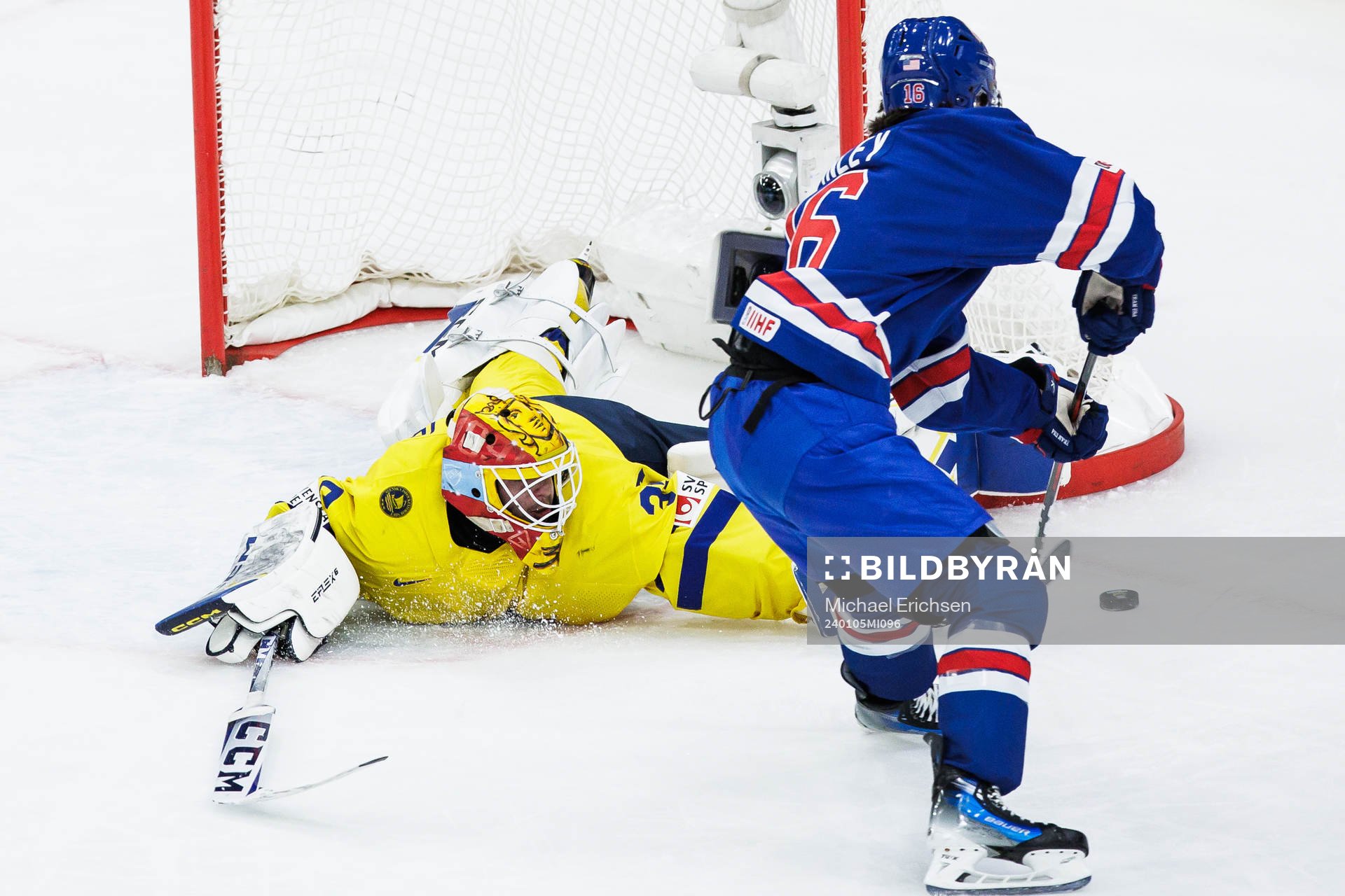 Goaltender goaltender Hugo Hävelid and Quinn Finley of USA