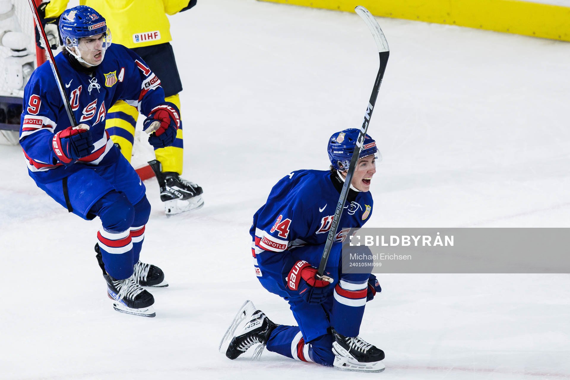 Cutter Gauthier and Gabe Perreault of USA celebrate the 1-0