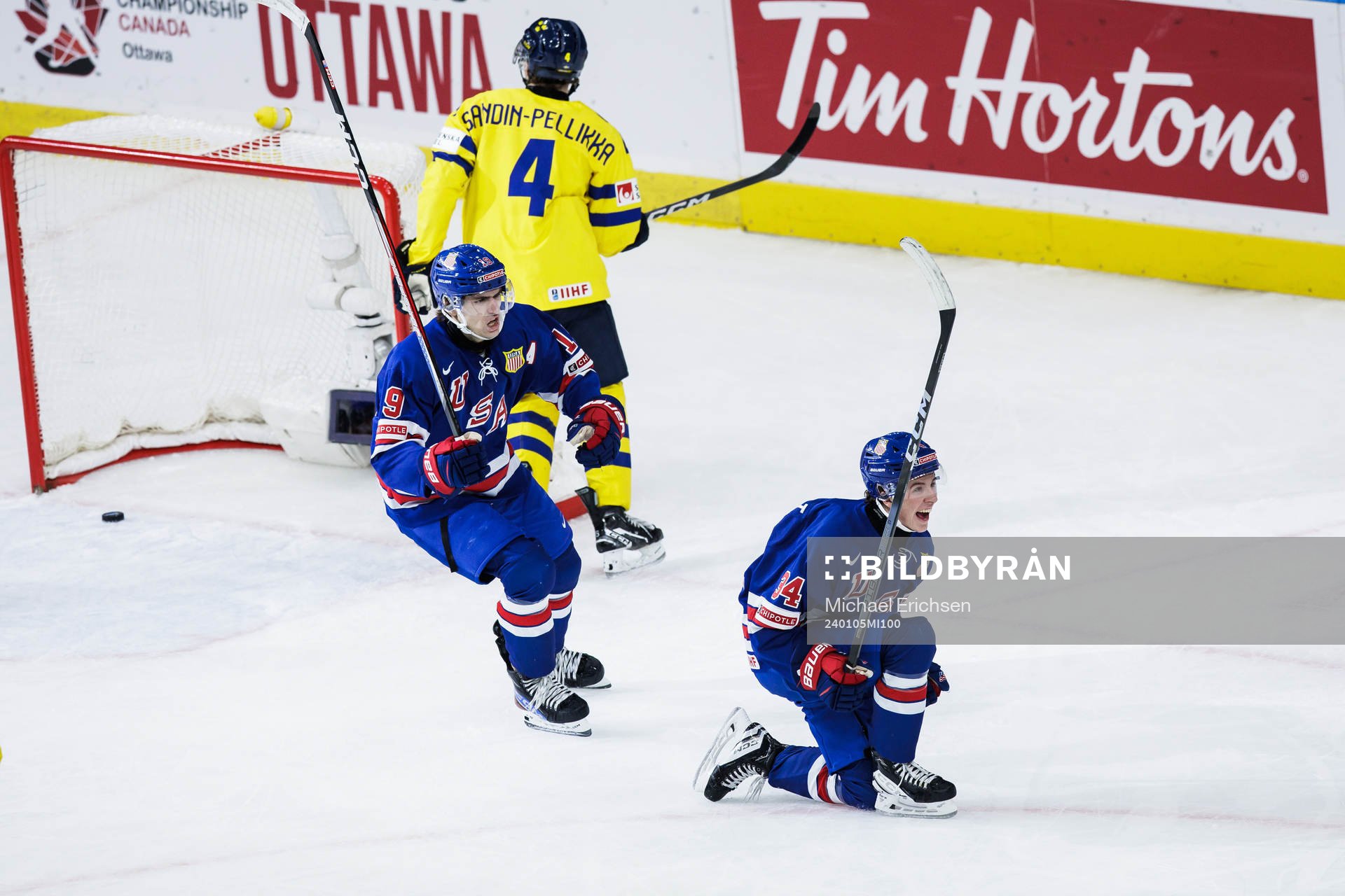 Cutter Gauthier and Gabe Perreault of USA celebrate the 1-0