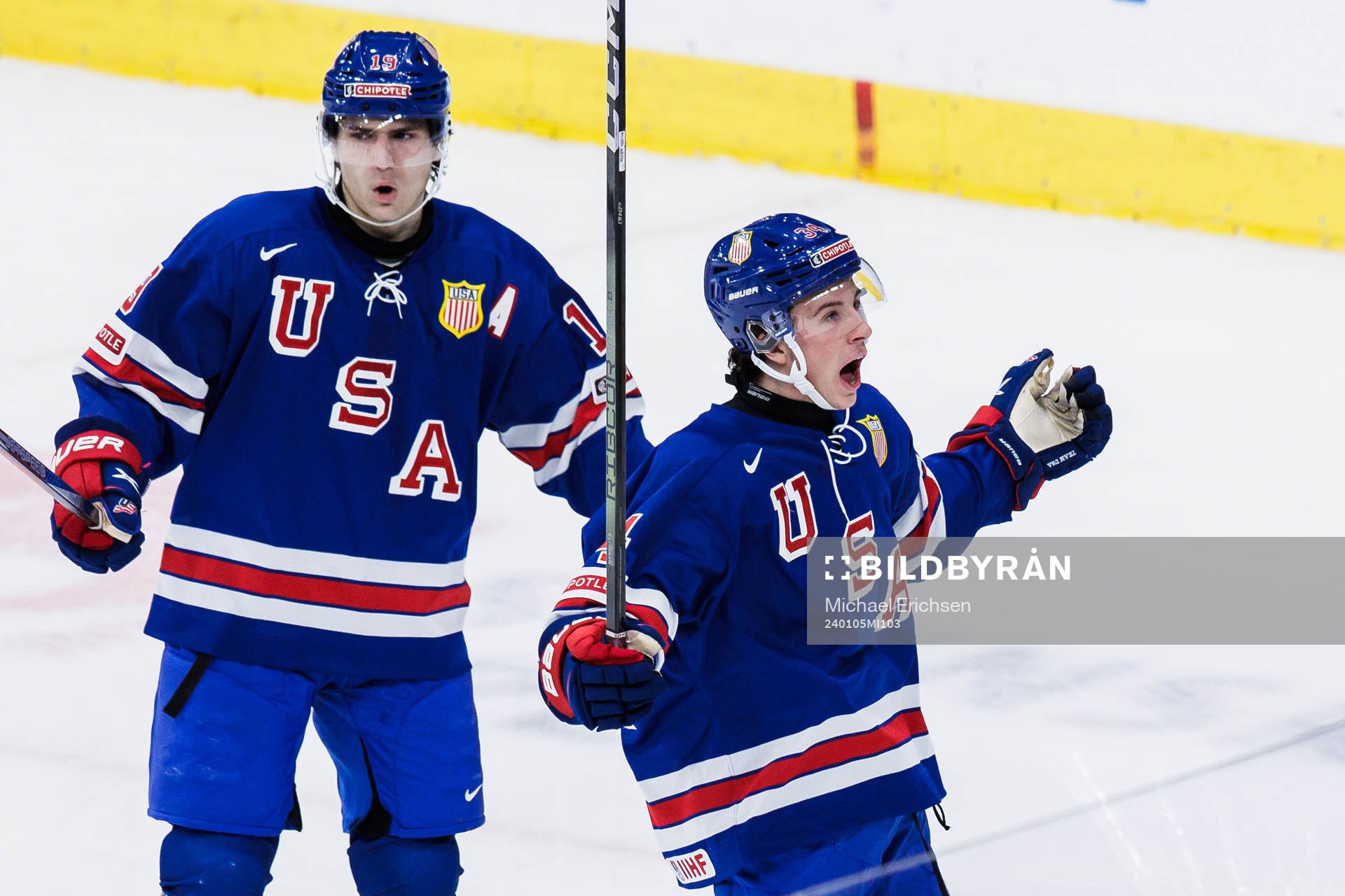 Cutter Gauthier and Gabe Perreault of USA celebrate the 1-0